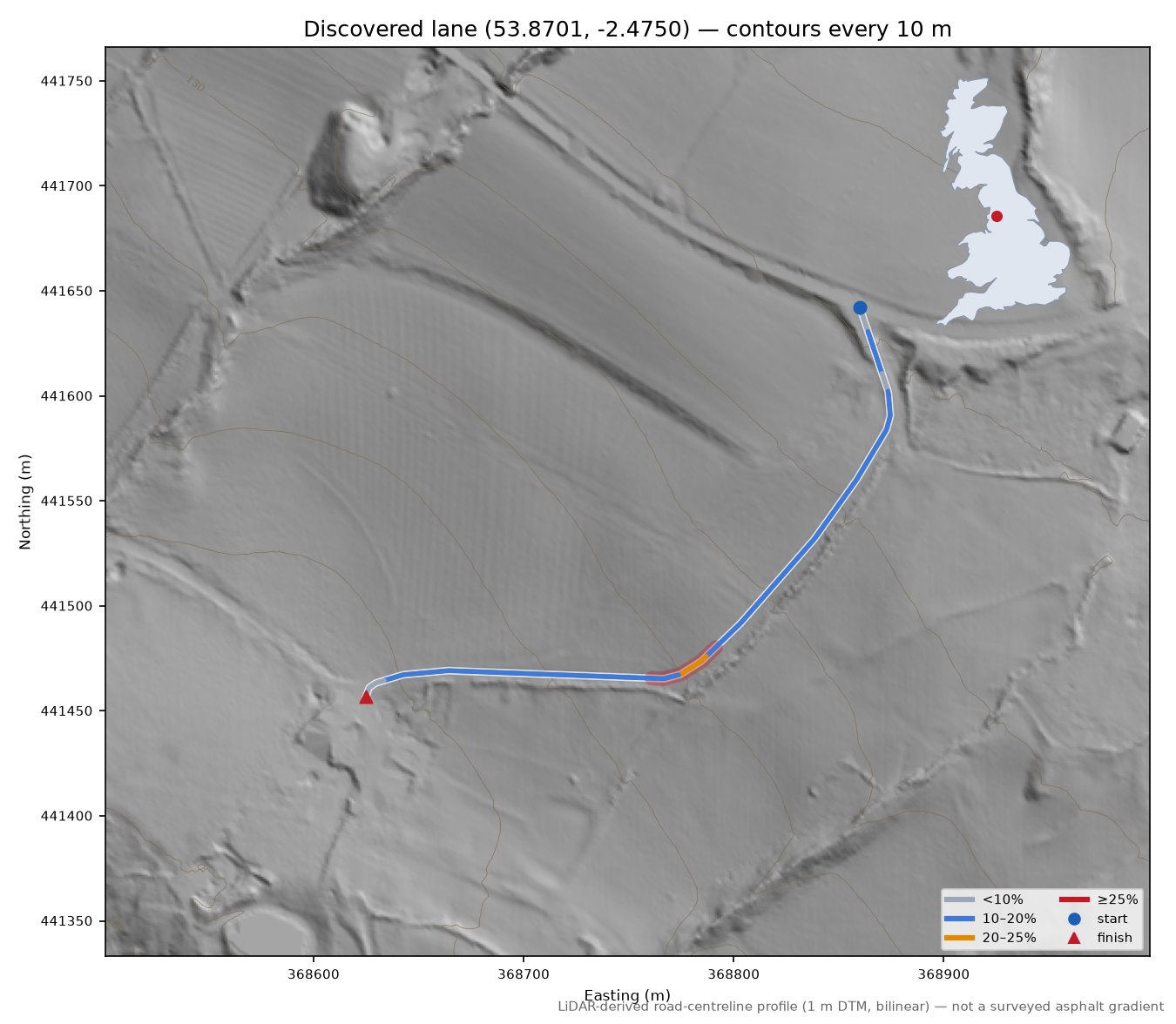 Discovered lane (53.8701, -2.4750) LiDAR hillshade map with contours
