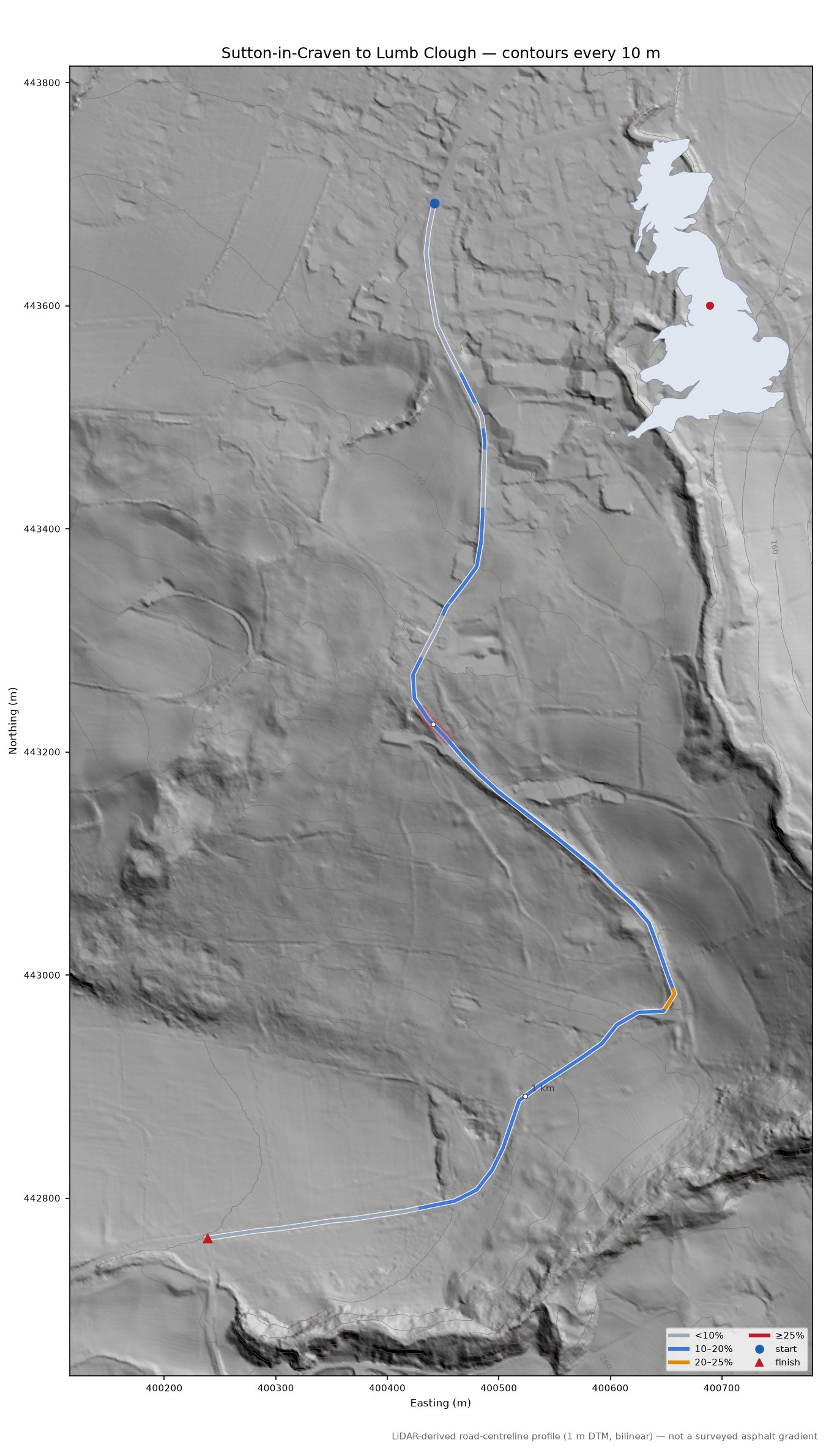 Sutton-in-Craven to Lumb Clough LiDAR hillshade map with contours