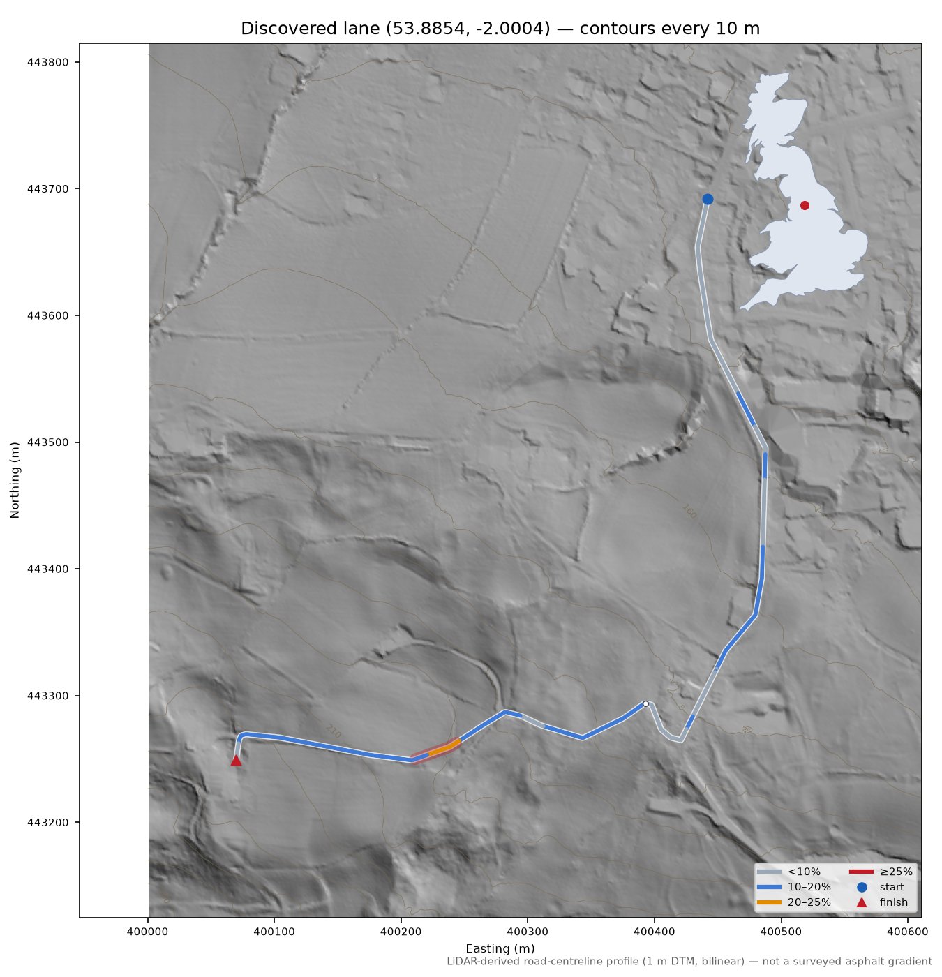 Discovered lane (53.8854, -2.0004) LiDAR hillshade map with contours