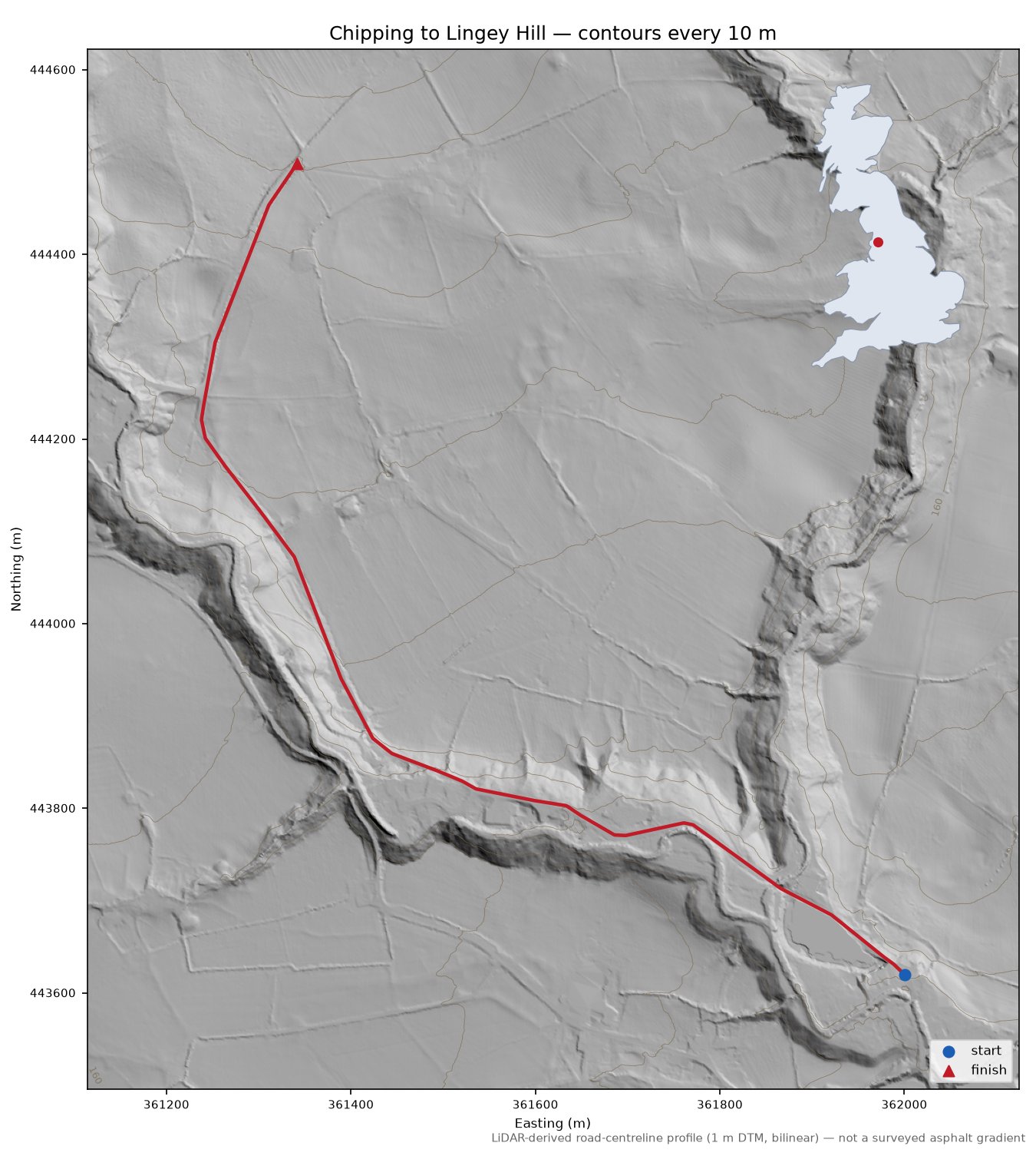Chipping to Lingey Hill LiDAR hillshade map with contours