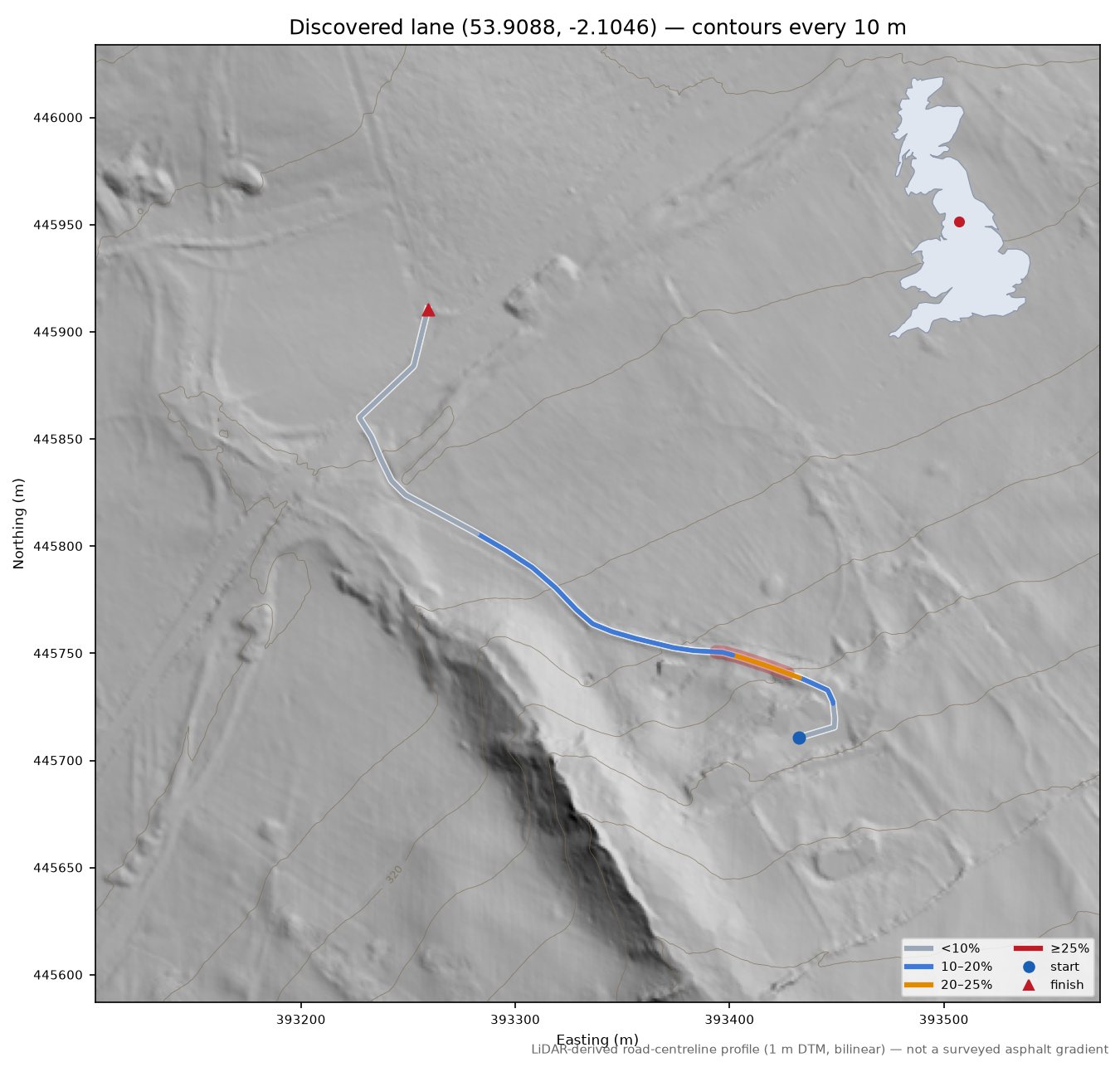 Discovered lane (53.9088, -2.1046) LiDAR hillshade map with contours