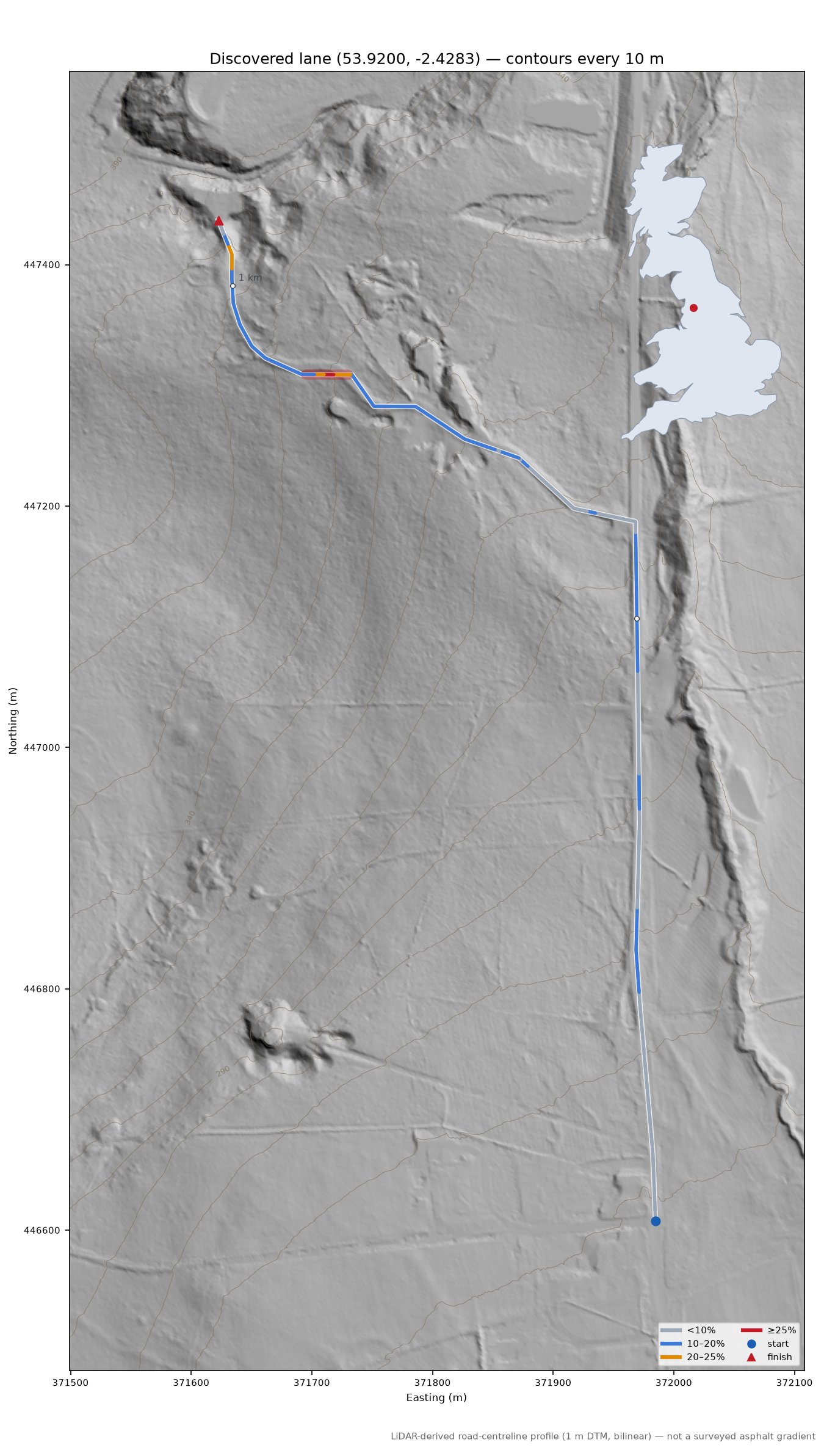 Discovered lane (53.9200, -2.4283) LiDAR hillshade map with contours