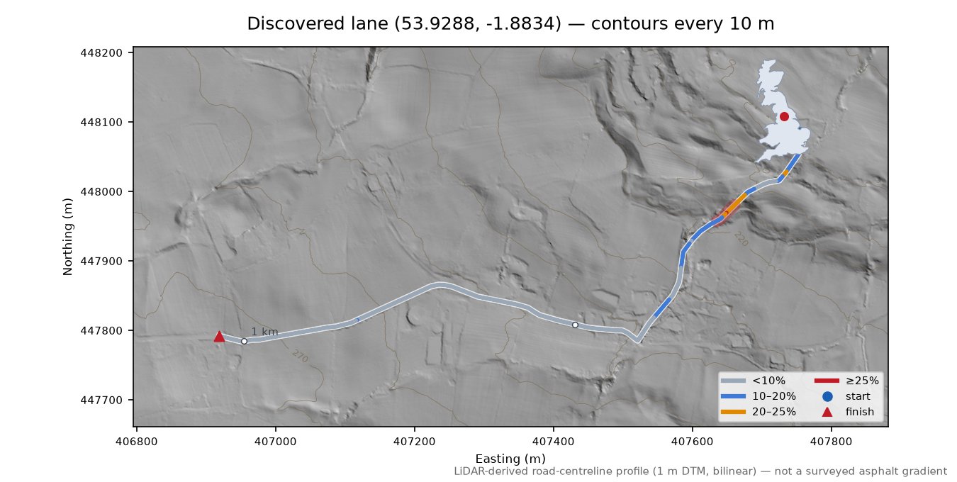 Discovered lane (53.9288, -1.8834) LiDAR hillshade map with contours