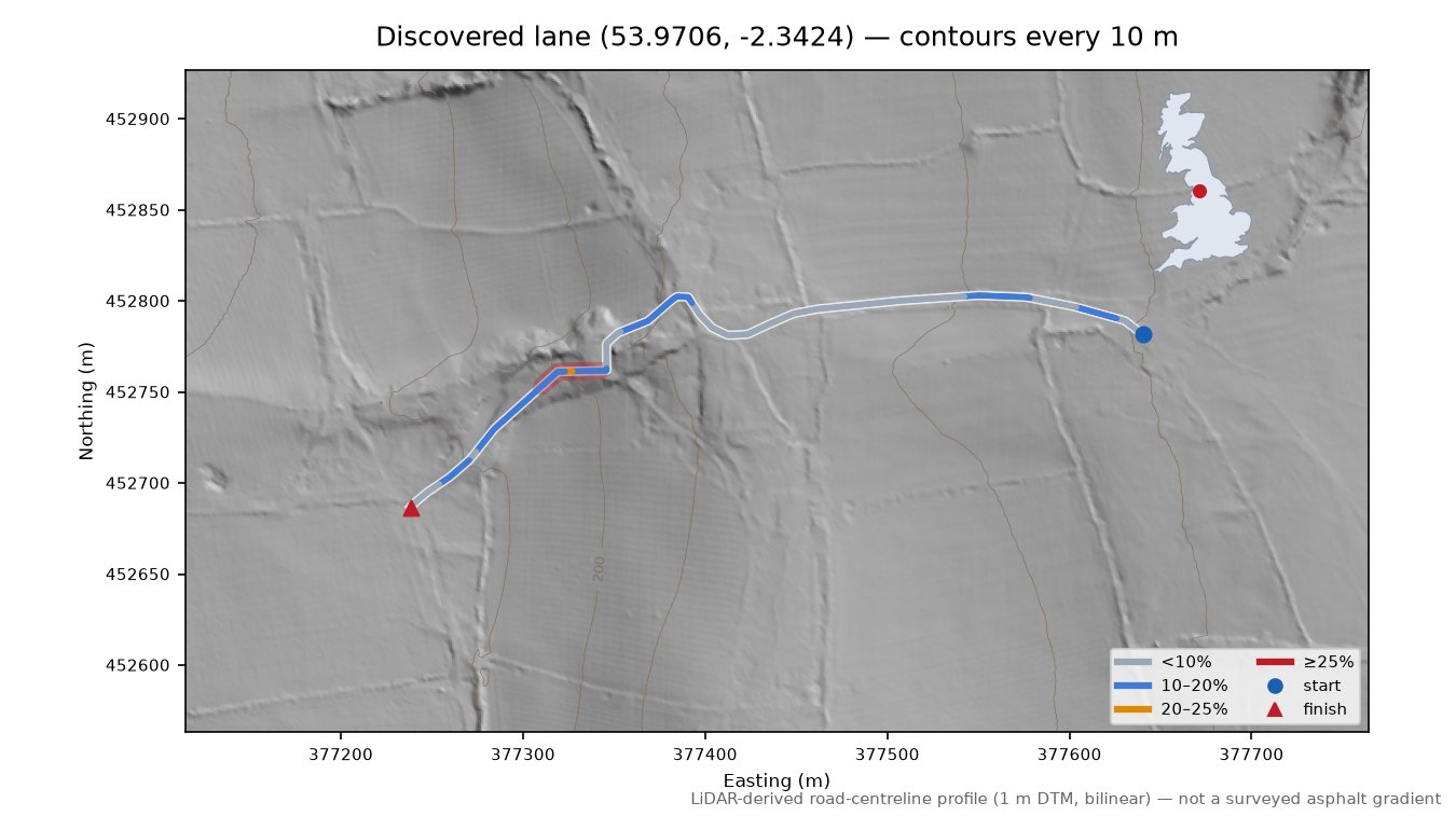 Discovered lane (53.9706, -2.3424) LiDAR hillshade map with contours