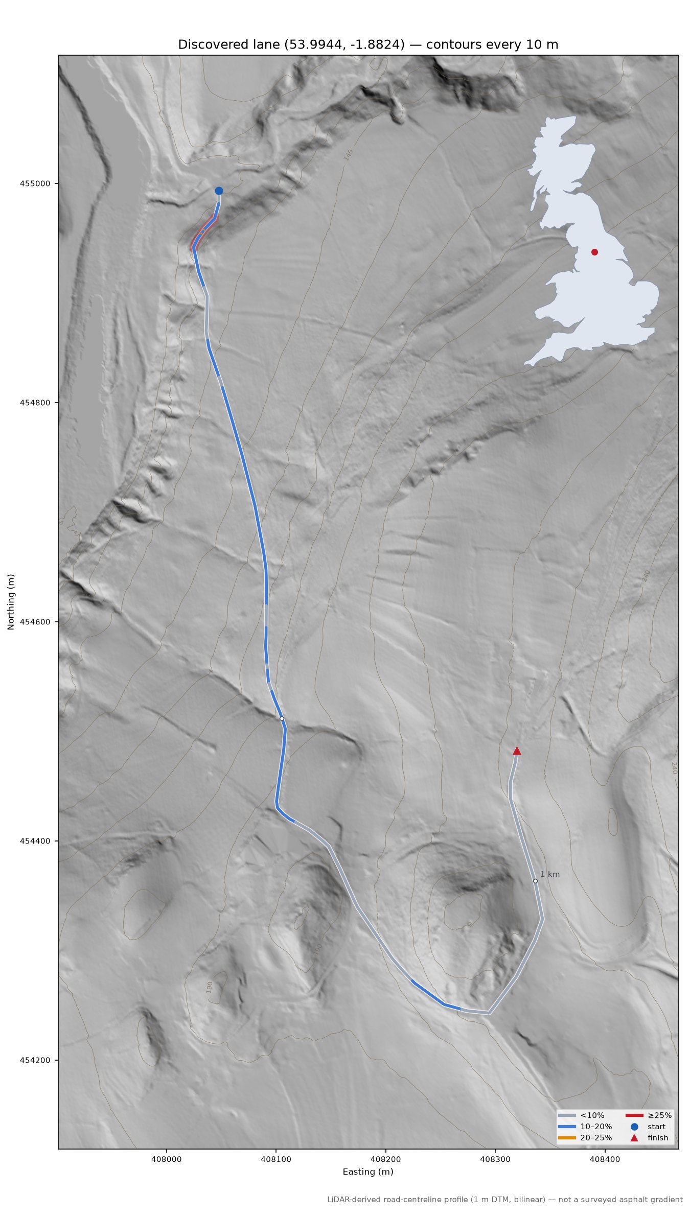 Discovered lane (53.9944, -1.8824) LiDAR hillshade map with contours