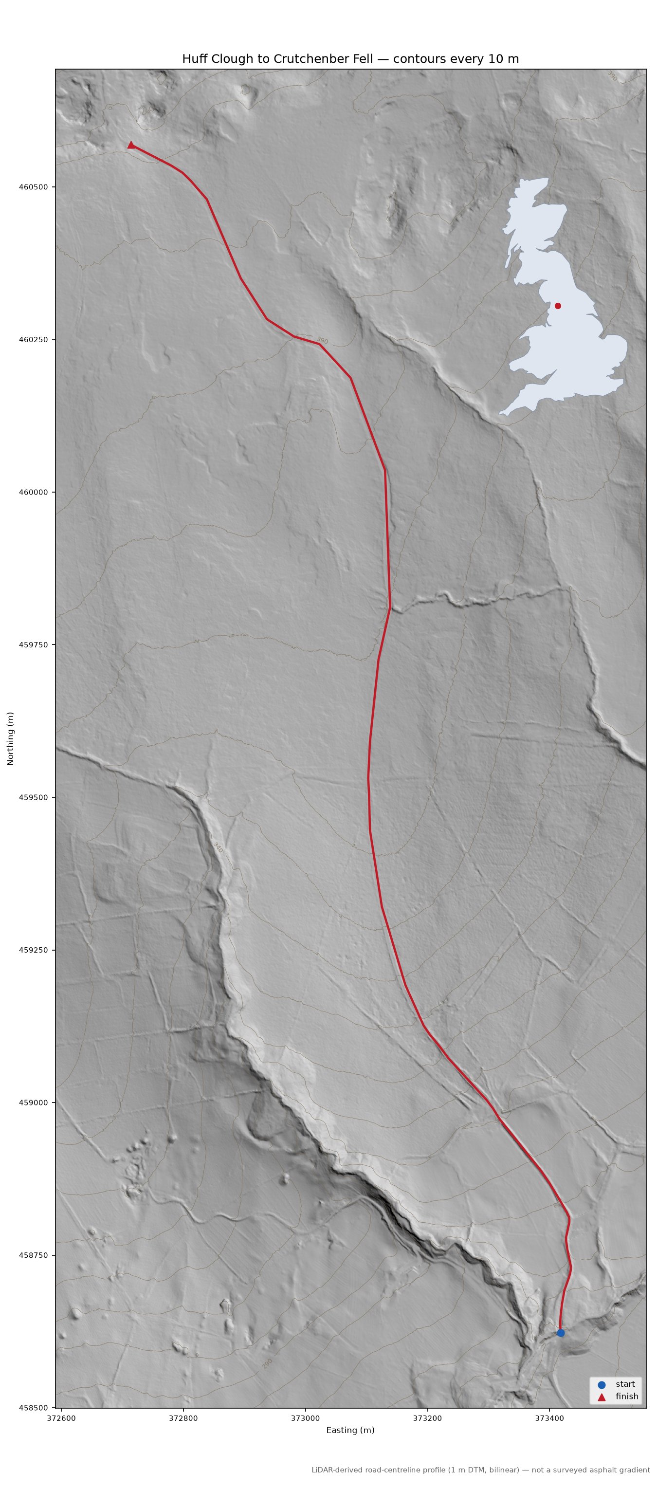 Huff Clough to Crutchenber Fell LiDAR hillshade map with contours