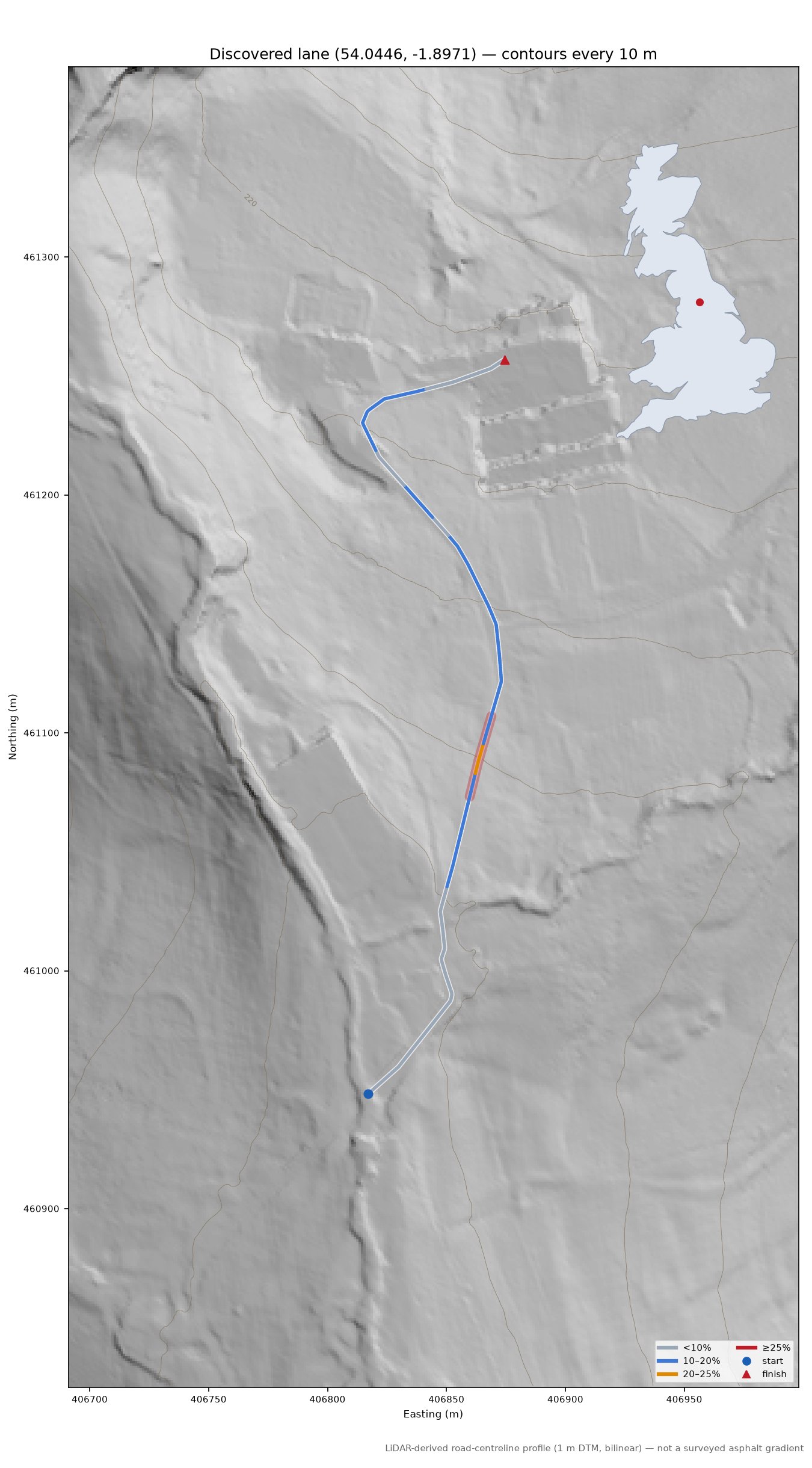 Discovered lane (54.0446, -1.8971) LiDAR hillshade map with contours