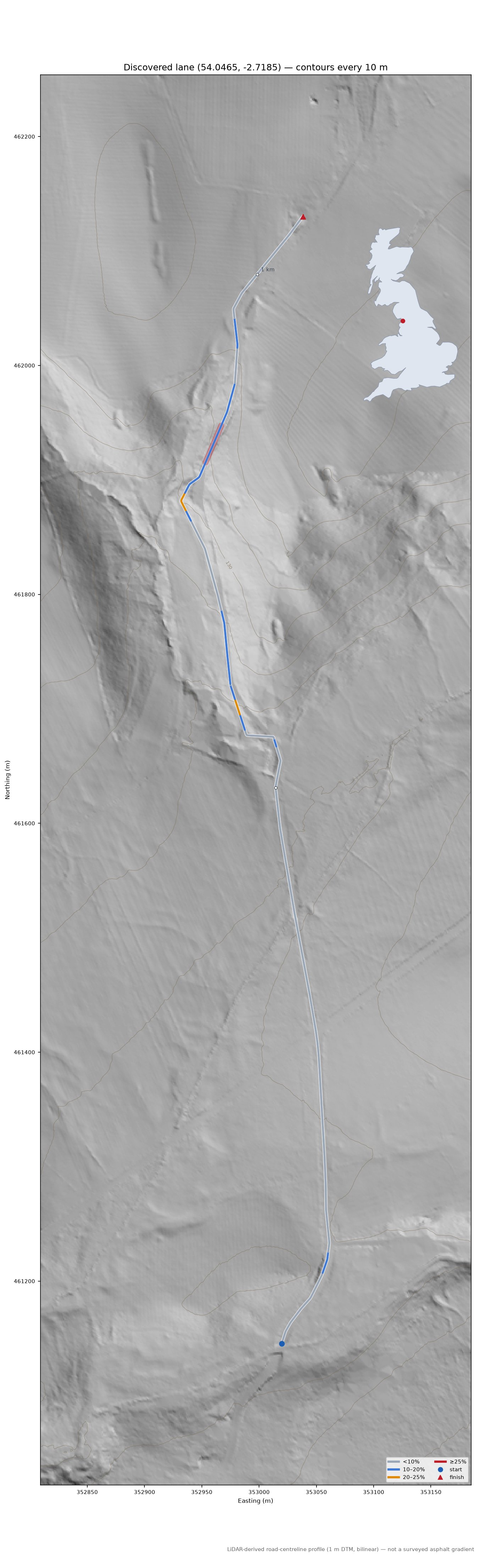 Discovered lane (54.0465, -2.7185) LiDAR hillshade map with contours