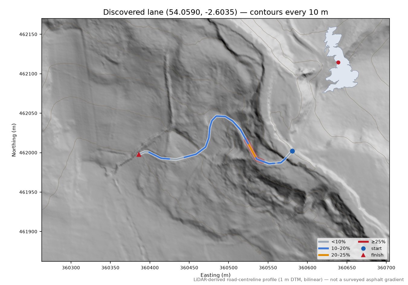 Discovered lane (54.0590, -2.6035) LiDAR hillshade map with contours