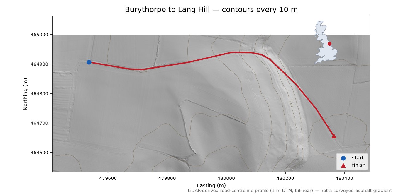 Burythorpe to Lang Hill LiDAR hillshade map with contours
