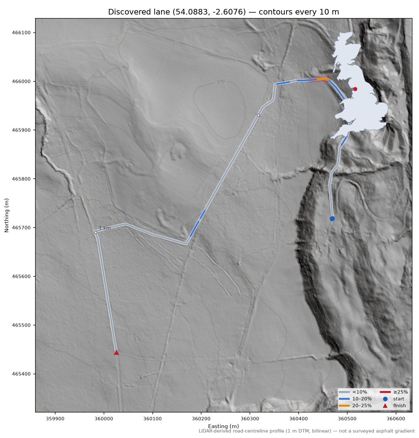 Discovered lane (54.0883, -2.6076) LiDAR hillshade map with contours