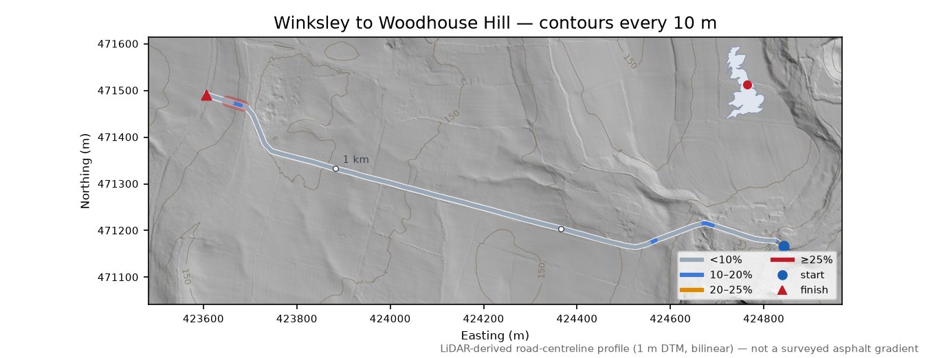 Winksley to Woodhouse Hill LiDAR hillshade map with contours