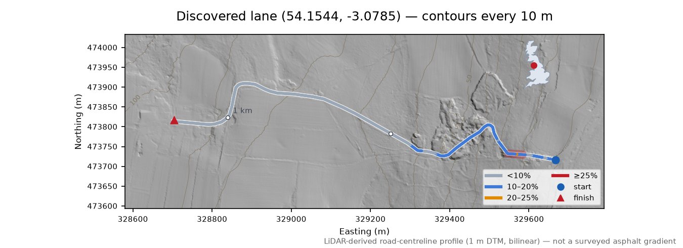 Discovered lane (54.1544, -3.0785) LiDAR hillshade map with contours