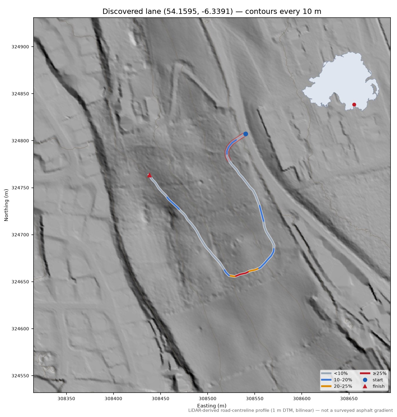 Discovered lane (54.1595, -6.3391) LiDAR hillshade map with contours