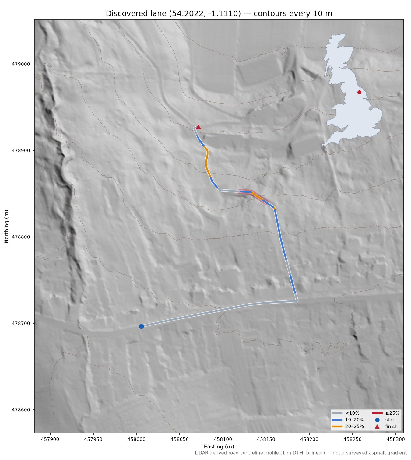 Discovered lane (54.2022, -1.1110) LiDAR hillshade map with contours