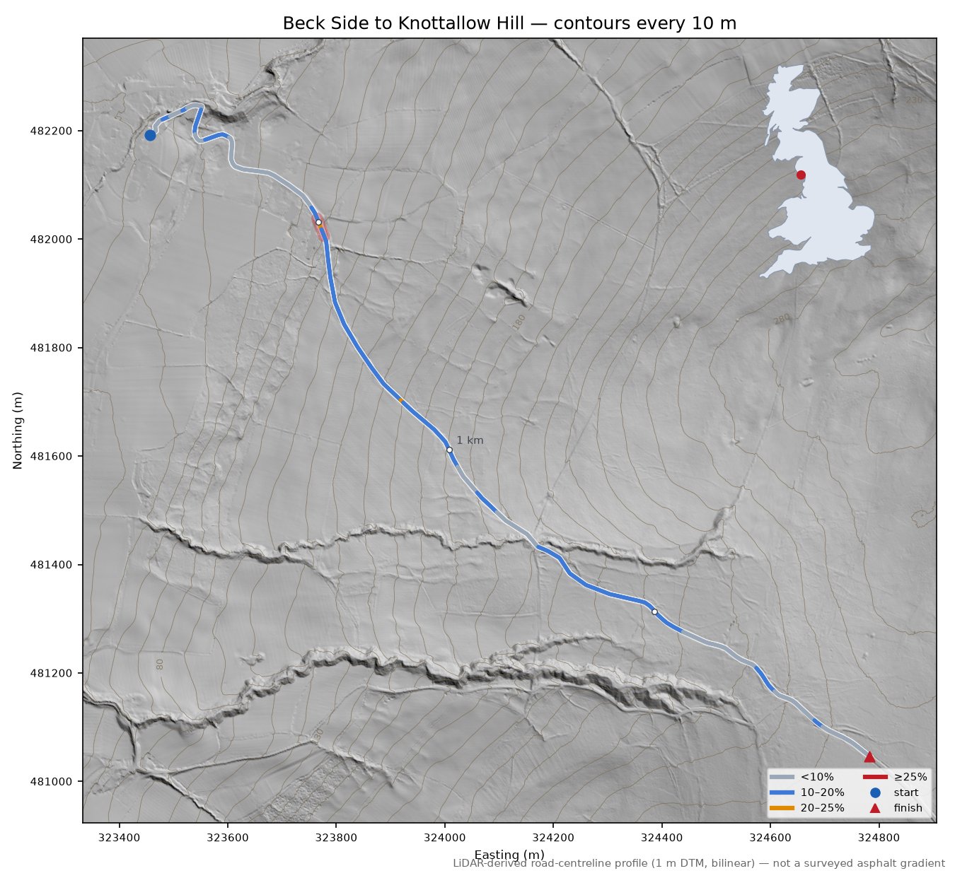 Beck Side to Knottallow Hill LiDAR hillshade map with contours