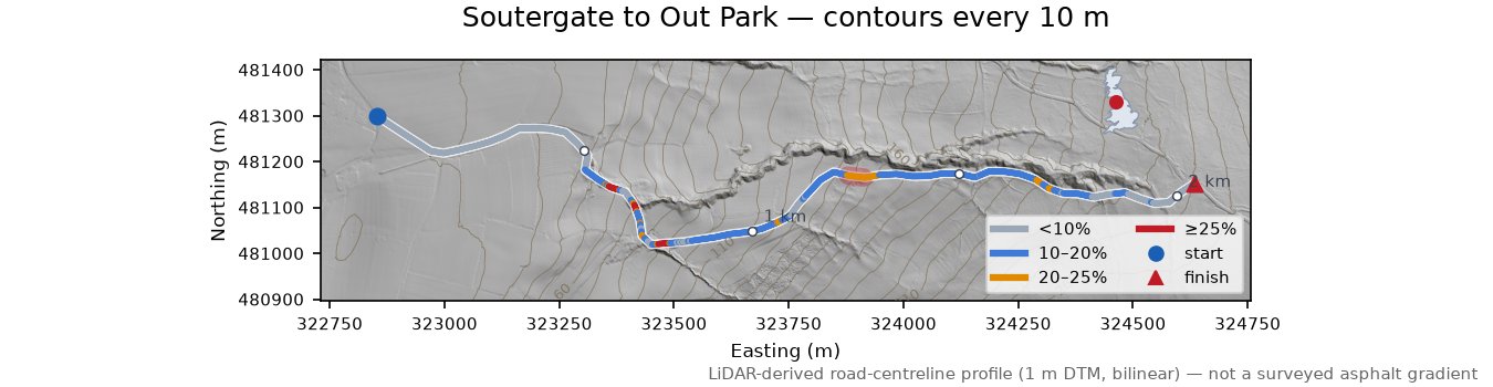 Soutergate to Out Park LiDAR hillshade map with contours