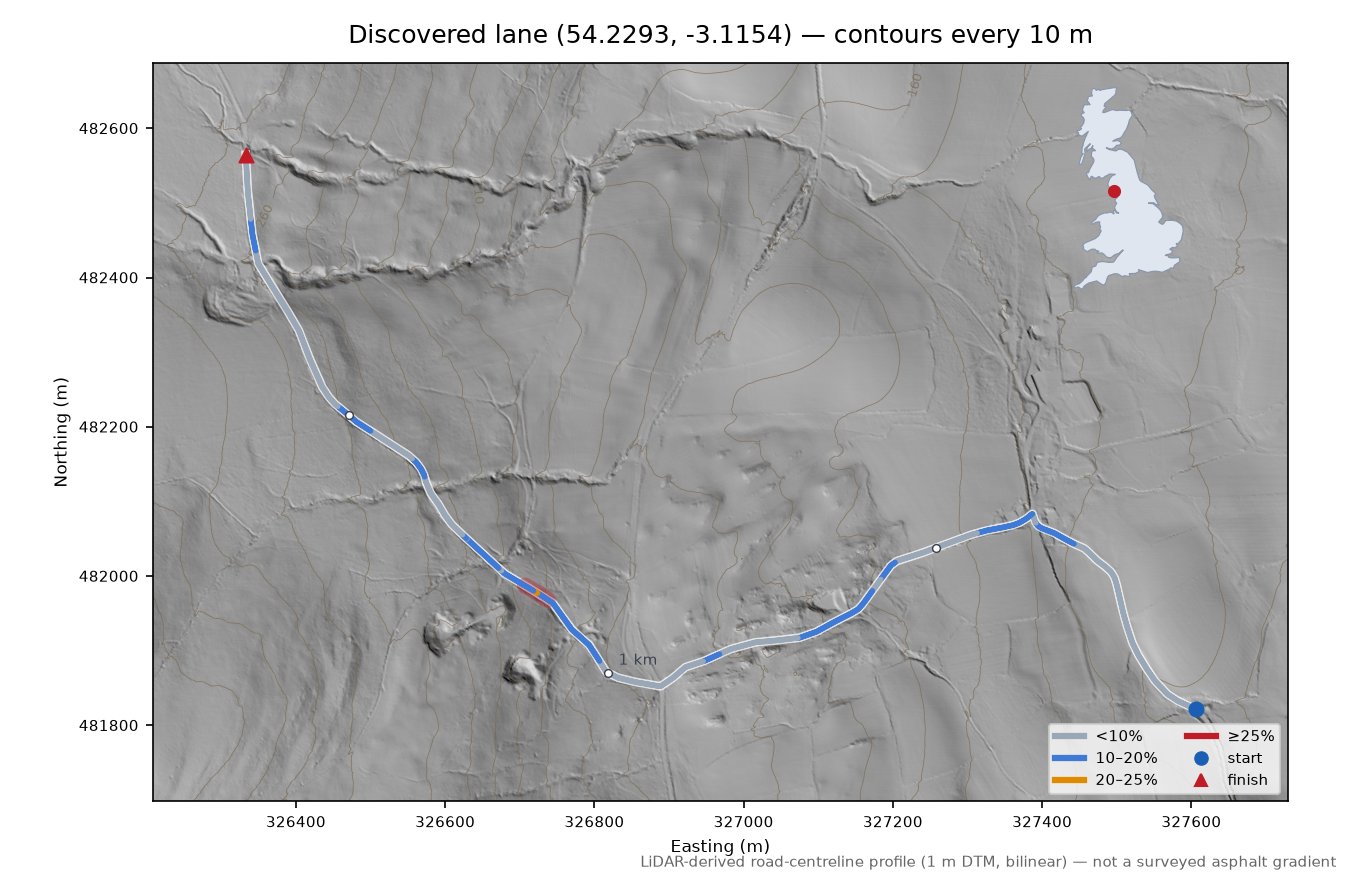 Discovered lane (54.2293, -3.1154) LiDAR hillshade map with contours