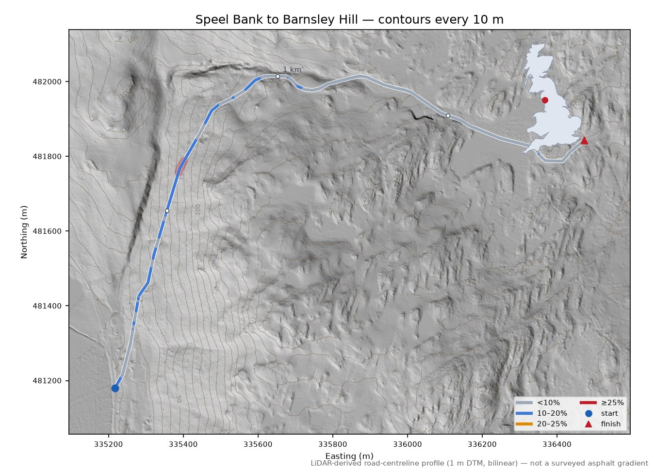 Speel Bank to Barnsley Hill LiDAR hillshade map with contours