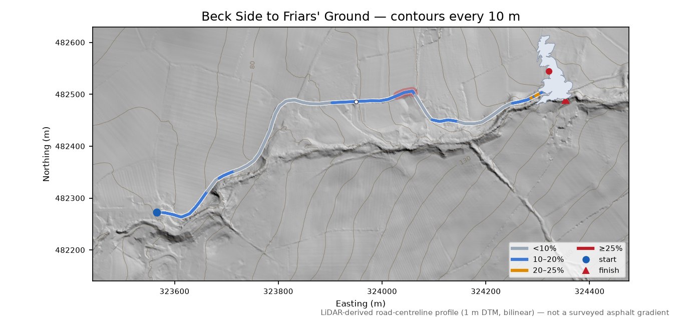 Beck Side to Friars' Ground LiDAR hillshade map with contours