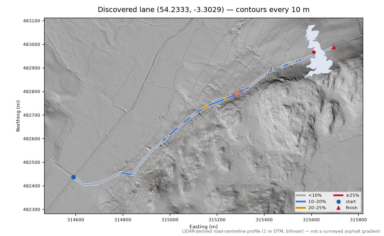Discovered lane (54.2333, -3.3029) LiDAR hillshade map with contours