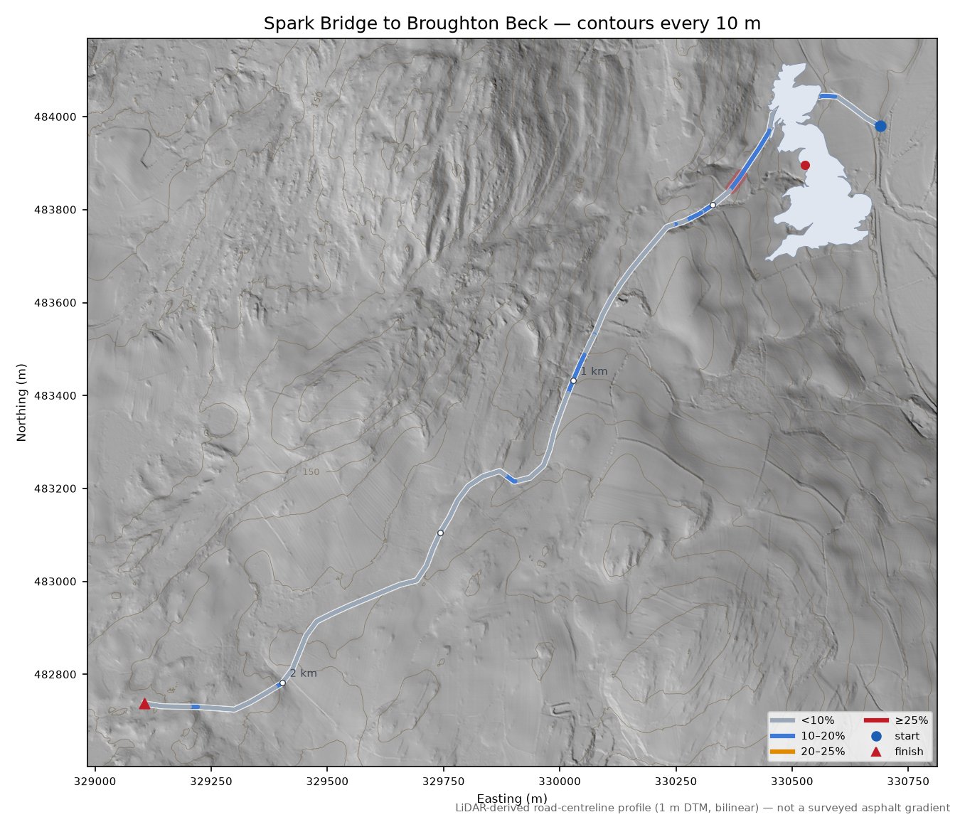 Spark Bridge to Broughton Beck LiDAR hillshade map with contours