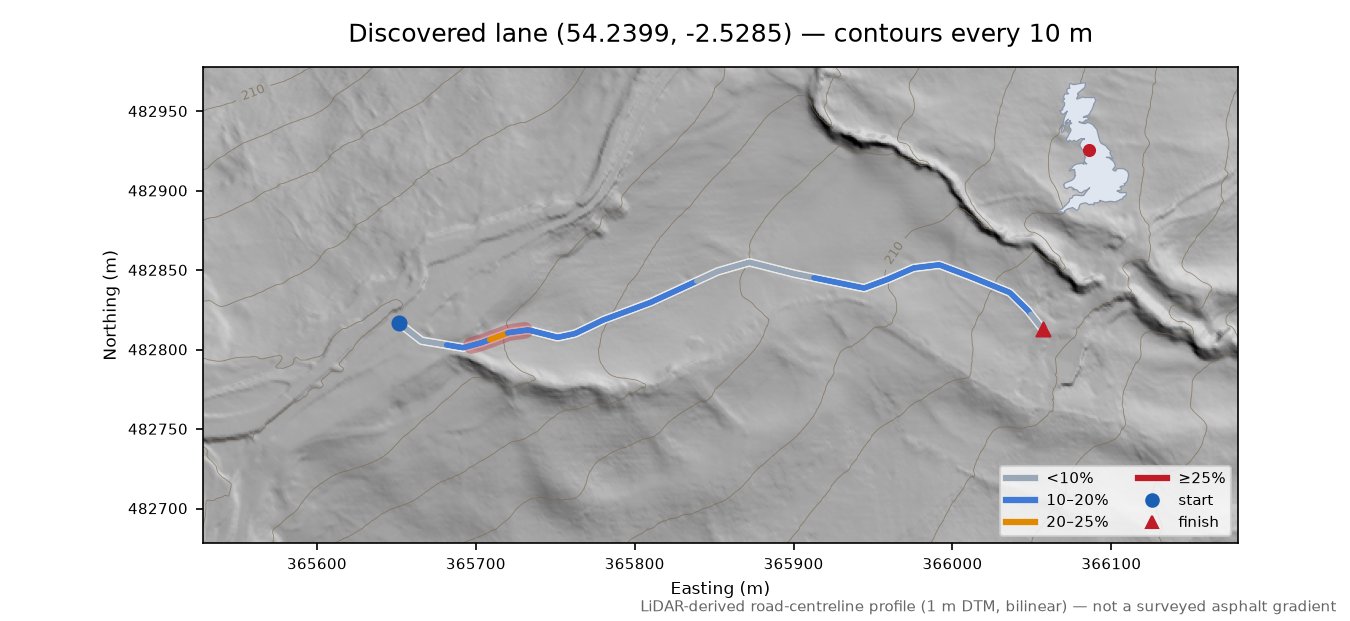 Discovered lane (54.2399, -2.5285) LiDAR hillshade map with contours