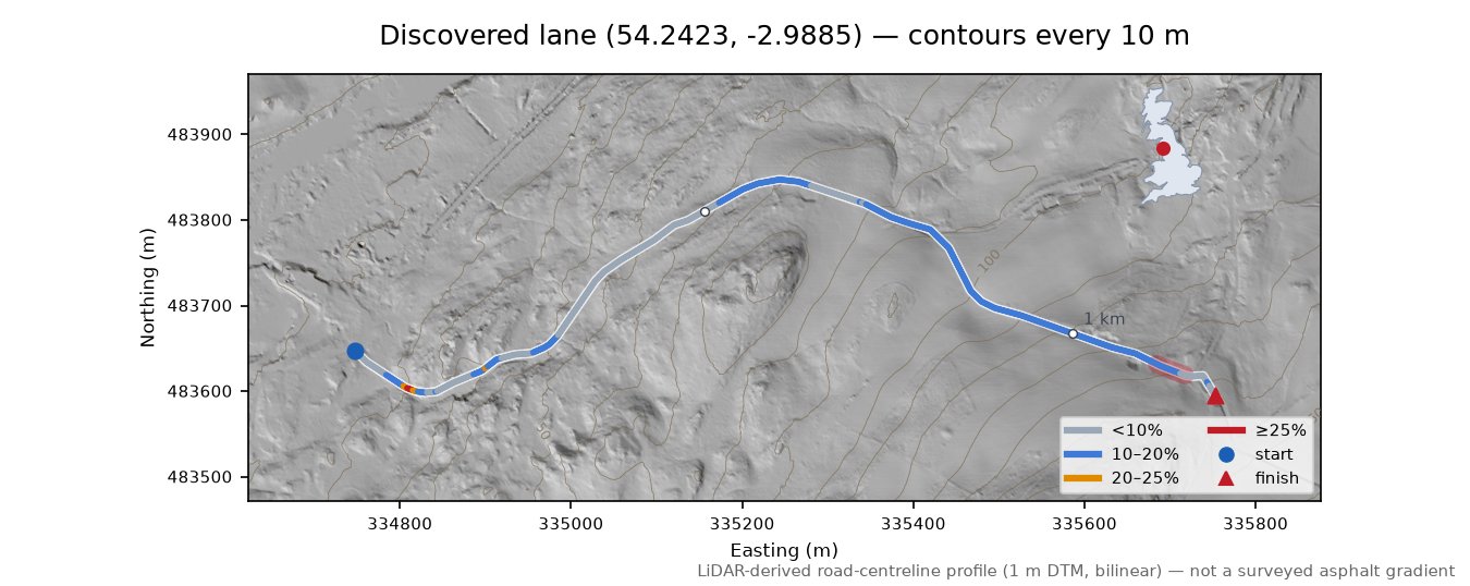 Discovered lane (54.2423, -2.9885) LiDAR hillshade map with contours