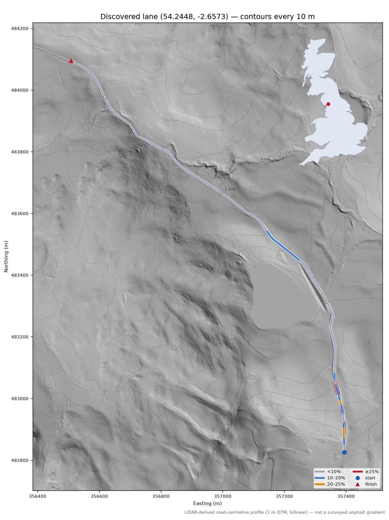 Discovered lane (54.2448, -2.6573) LiDAR hillshade map with contours