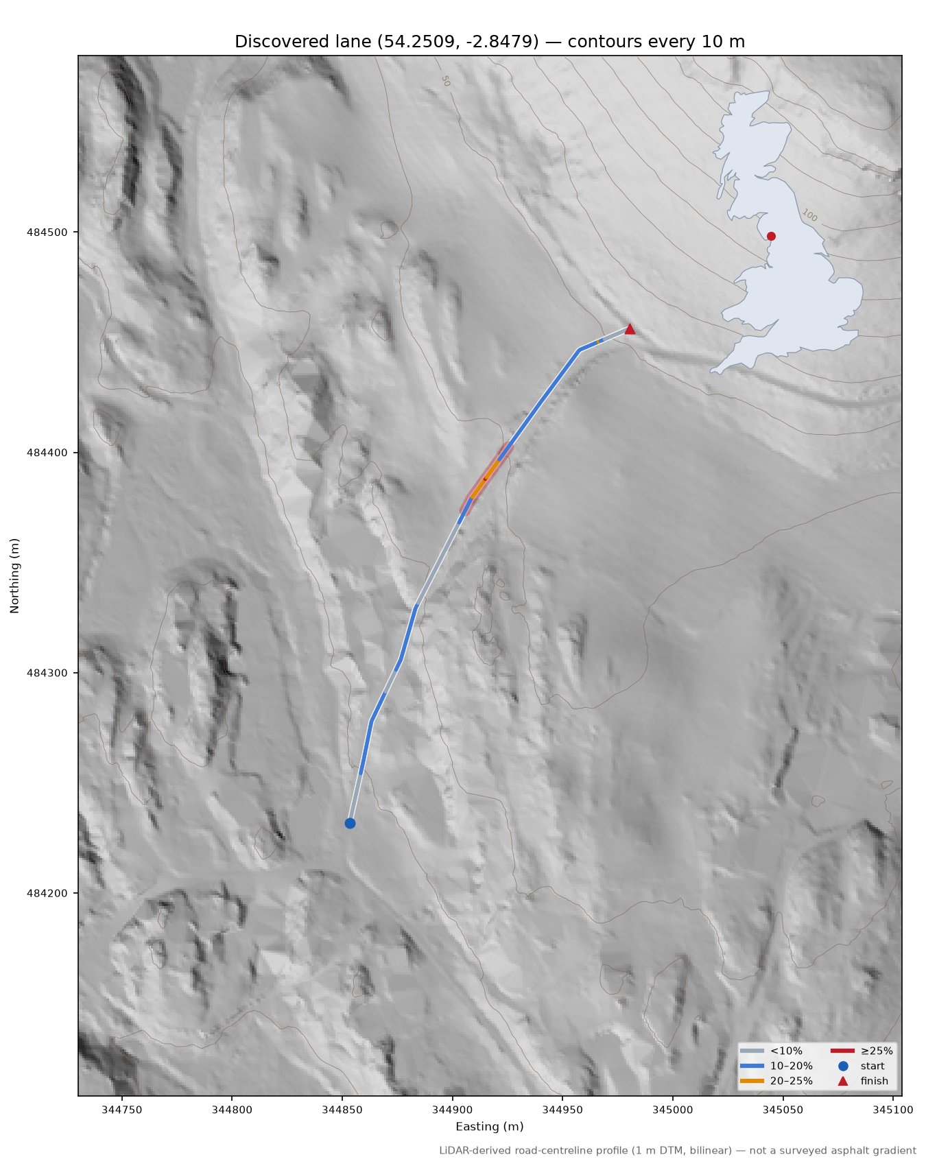 Discovered lane (54.2509, -2.8479) LiDAR hillshade map with contours