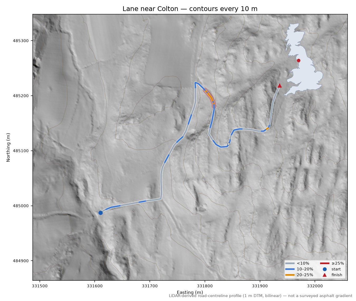 Lane near Colton LiDAR hillshade map with contours