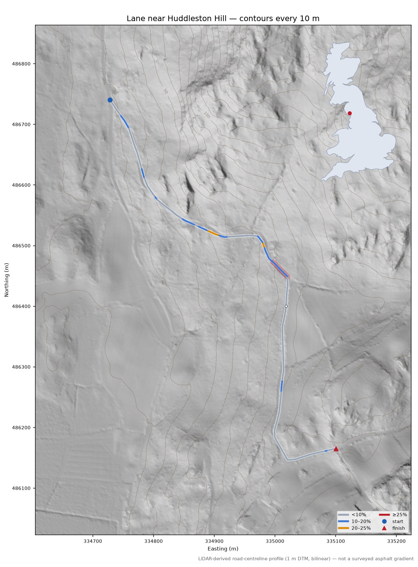 Lane near Huddleston Hill LiDAR hillshade map with contours