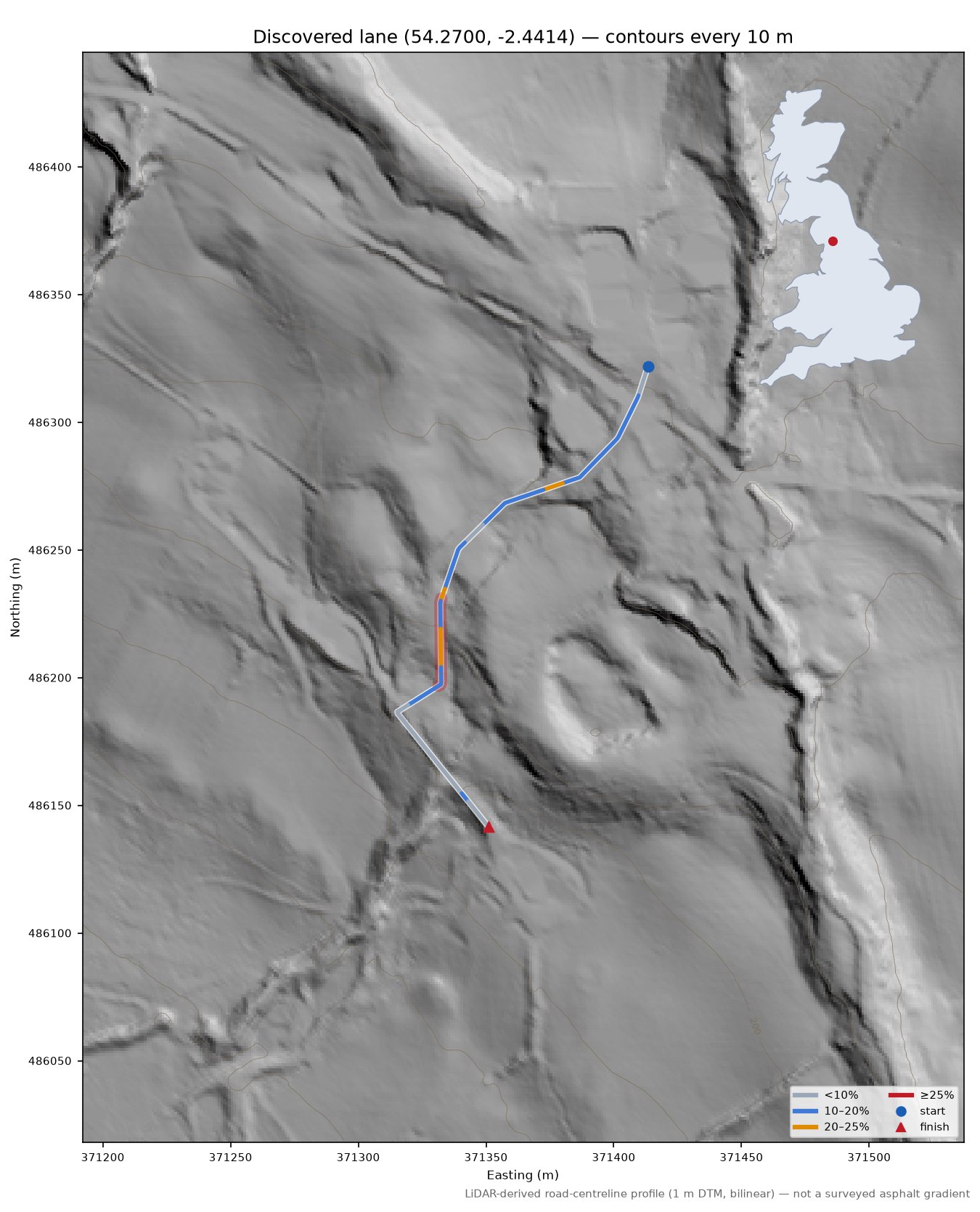 Discovered lane (54.2700, -2.4414) LiDAR hillshade map with contours