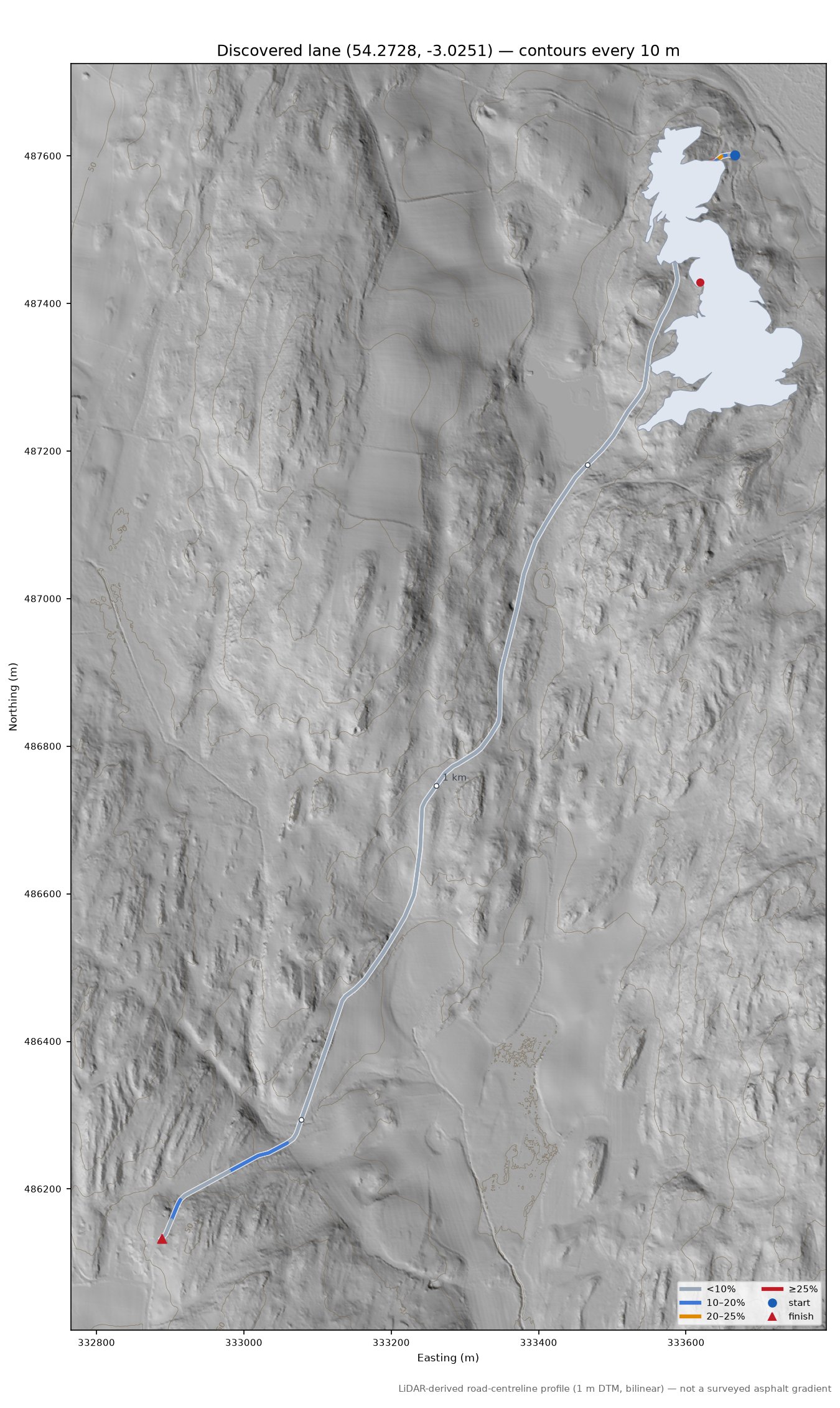 Discovered lane (54.2728, -3.0251) LiDAR hillshade map with contours