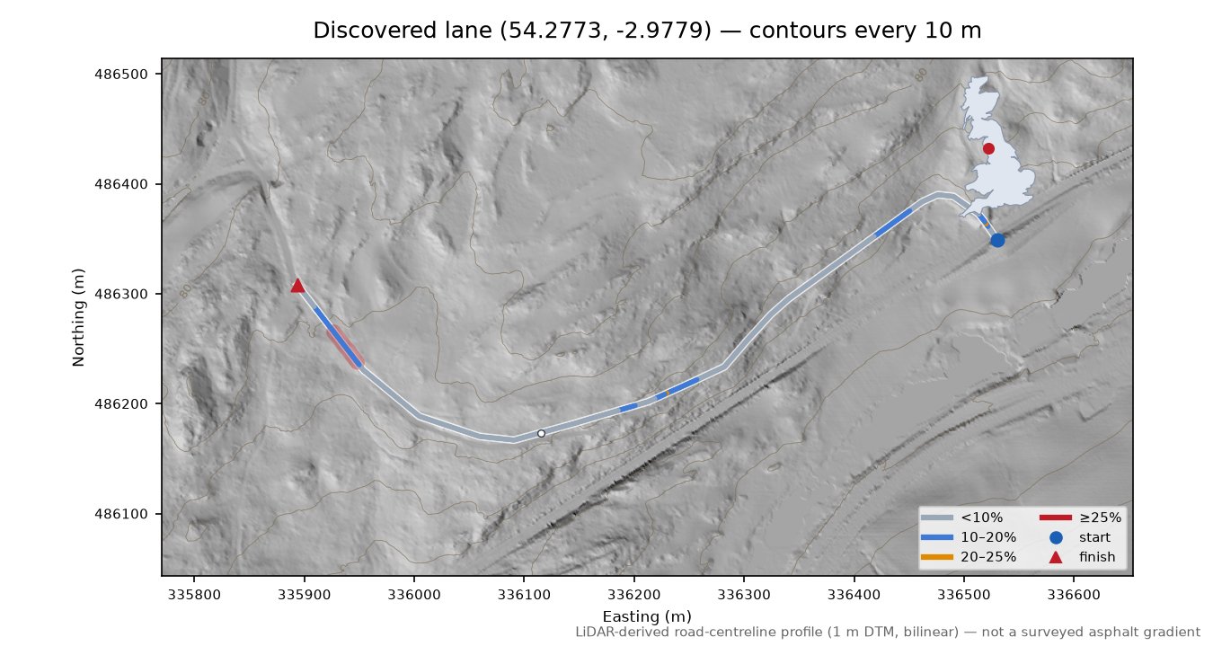 Discovered lane (54.2773, -2.9779) LiDAR hillshade map with contours
