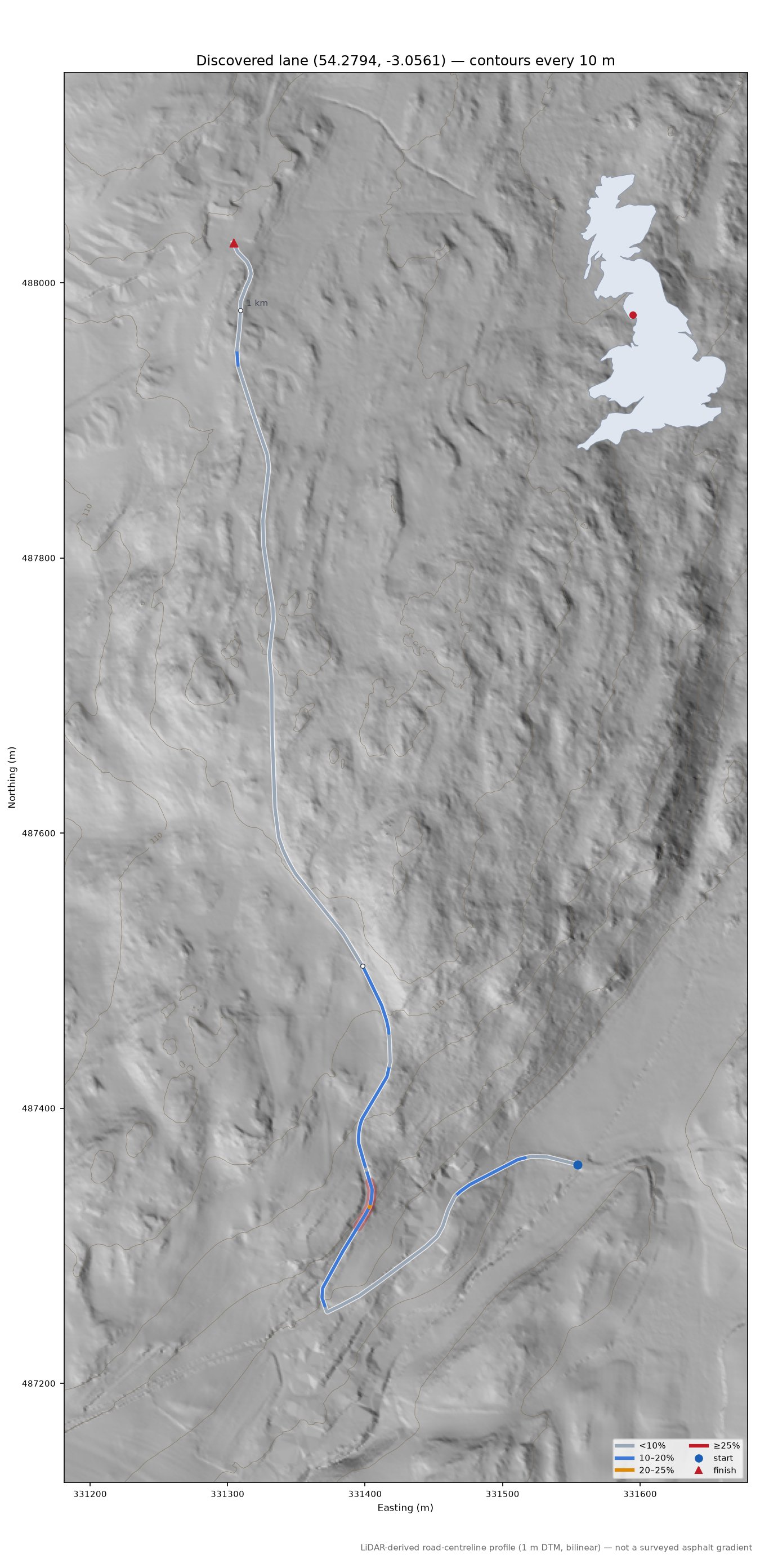 Discovered lane (54.2794, -3.0561) LiDAR hillshade map with contours
