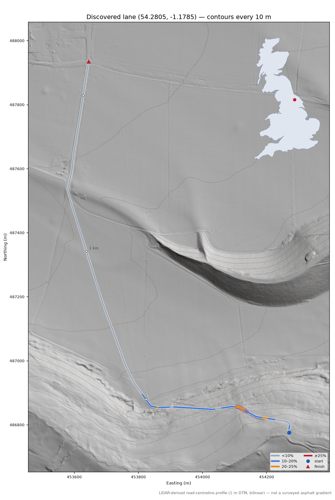 Discovered lane (54.2805, -1.1785) LiDAR hillshade map with contours