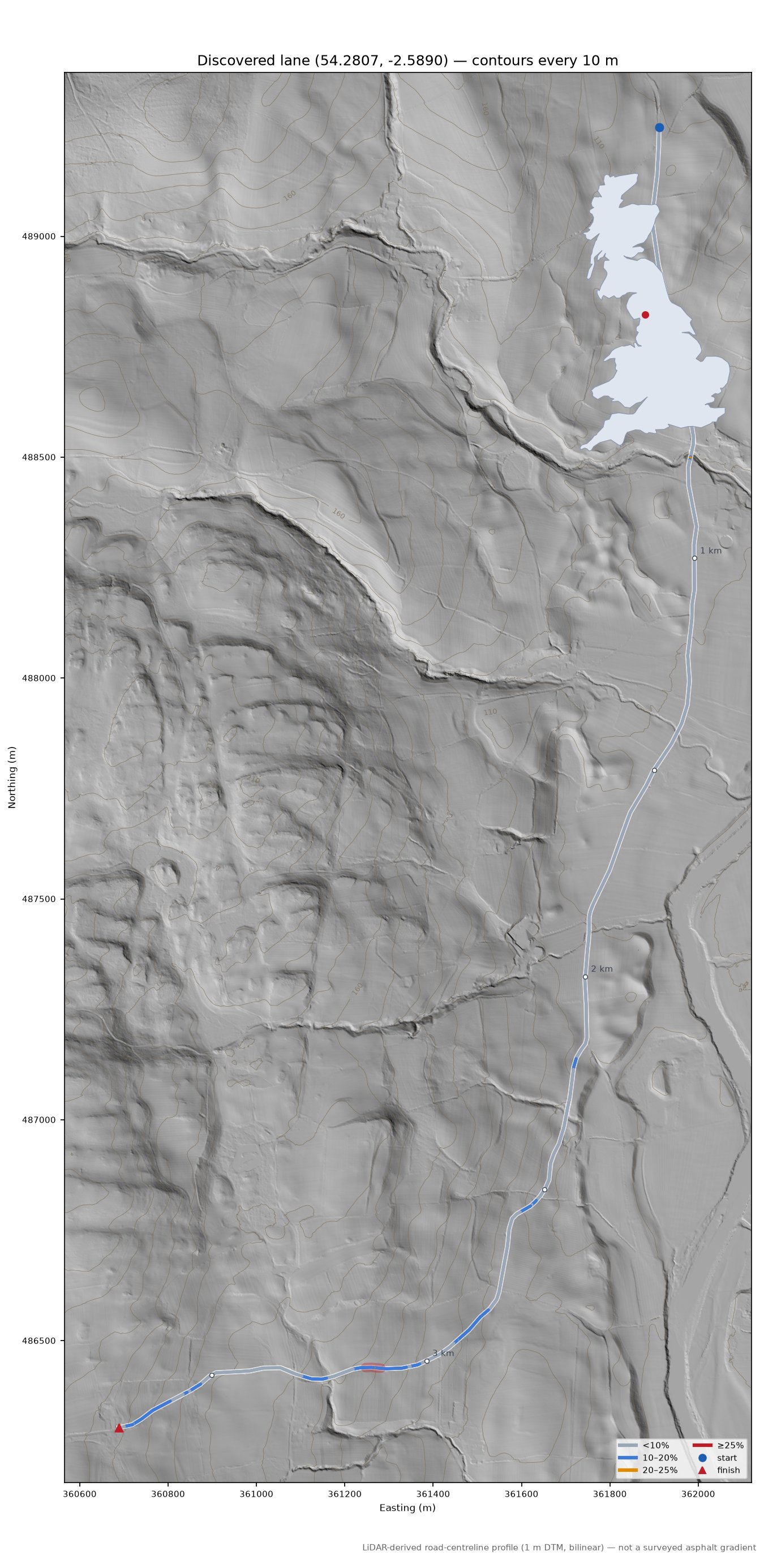 Discovered lane (54.2807, -2.5890) LiDAR hillshade map with contours