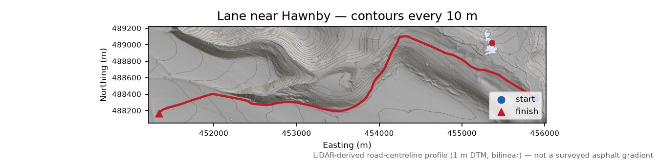 Lane near Hawnby LiDAR hillshade map with contours