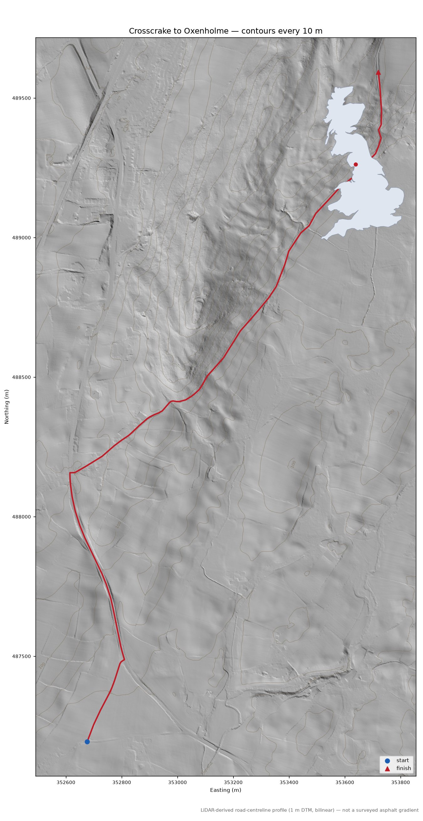 Crosscrake to Oxenholme LiDAR hillshade map with contours
