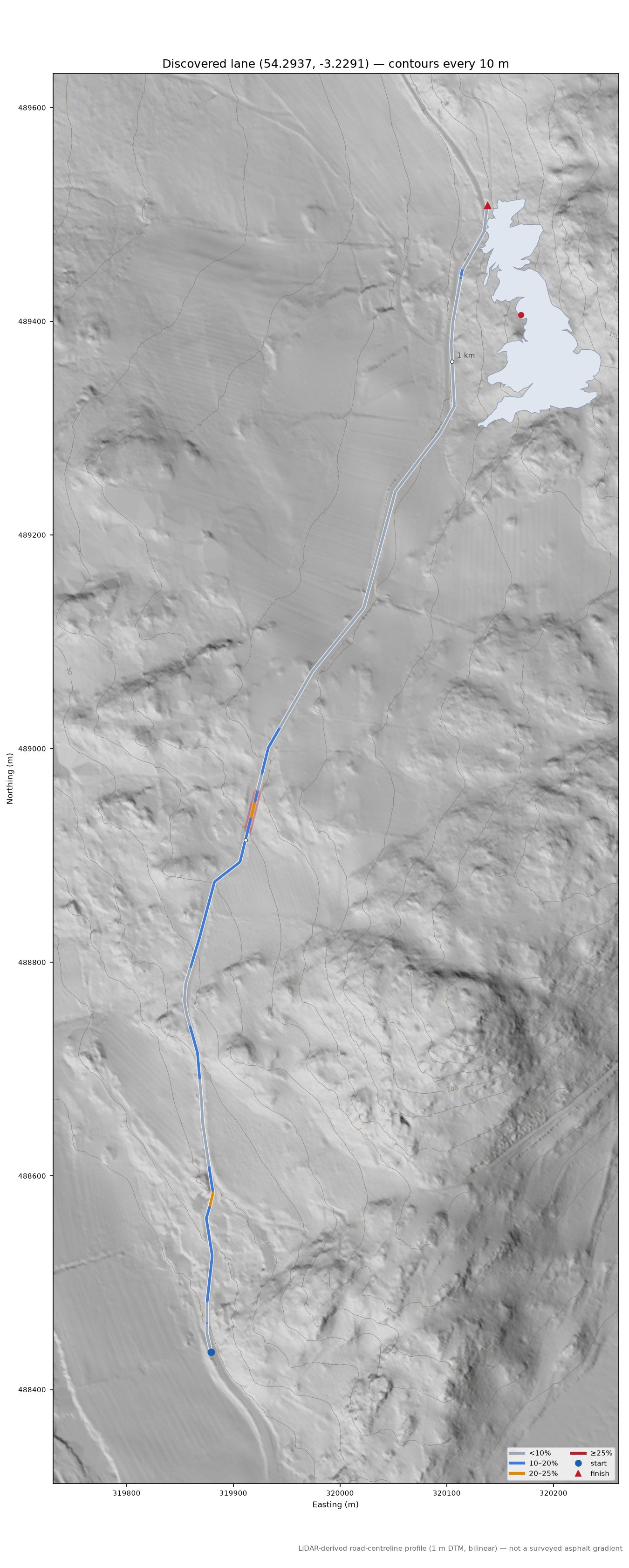 Discovered lane (54.2937, -3.2291) LiDAR hillshade map with contours