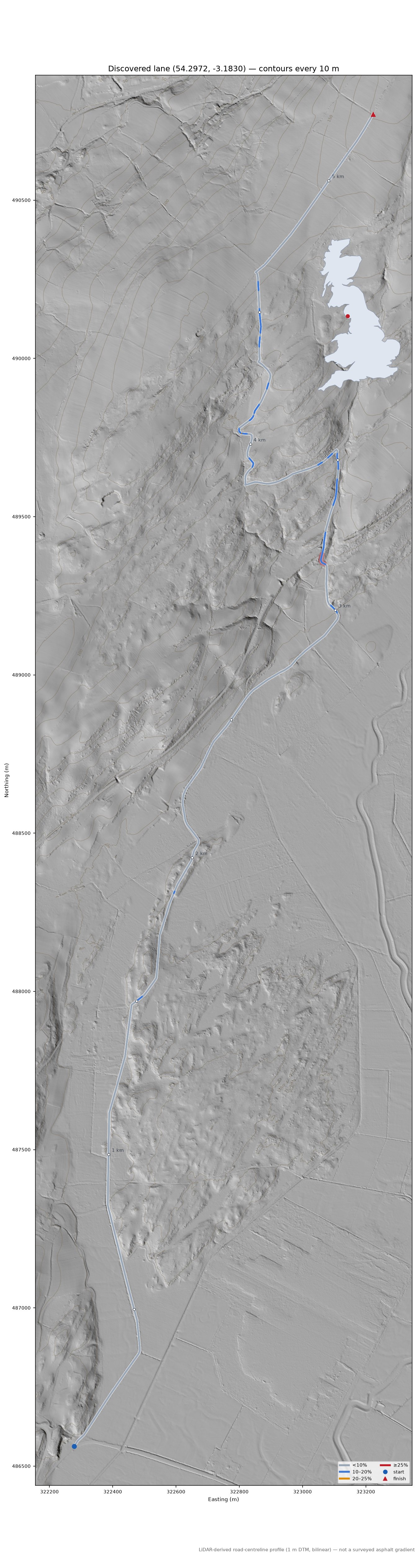 Discovered lane (54.2972, -3.1830) LiDAR hillshade map with contours