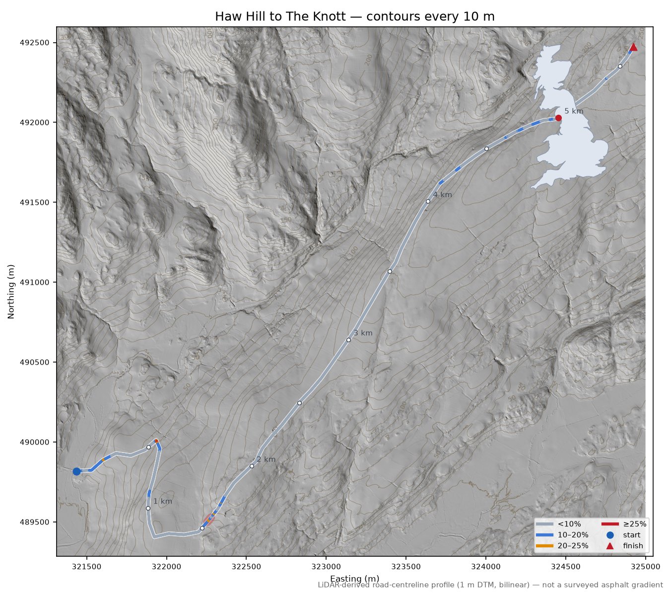 Haw Hill to The Knott LiDAR hillshade map with contours