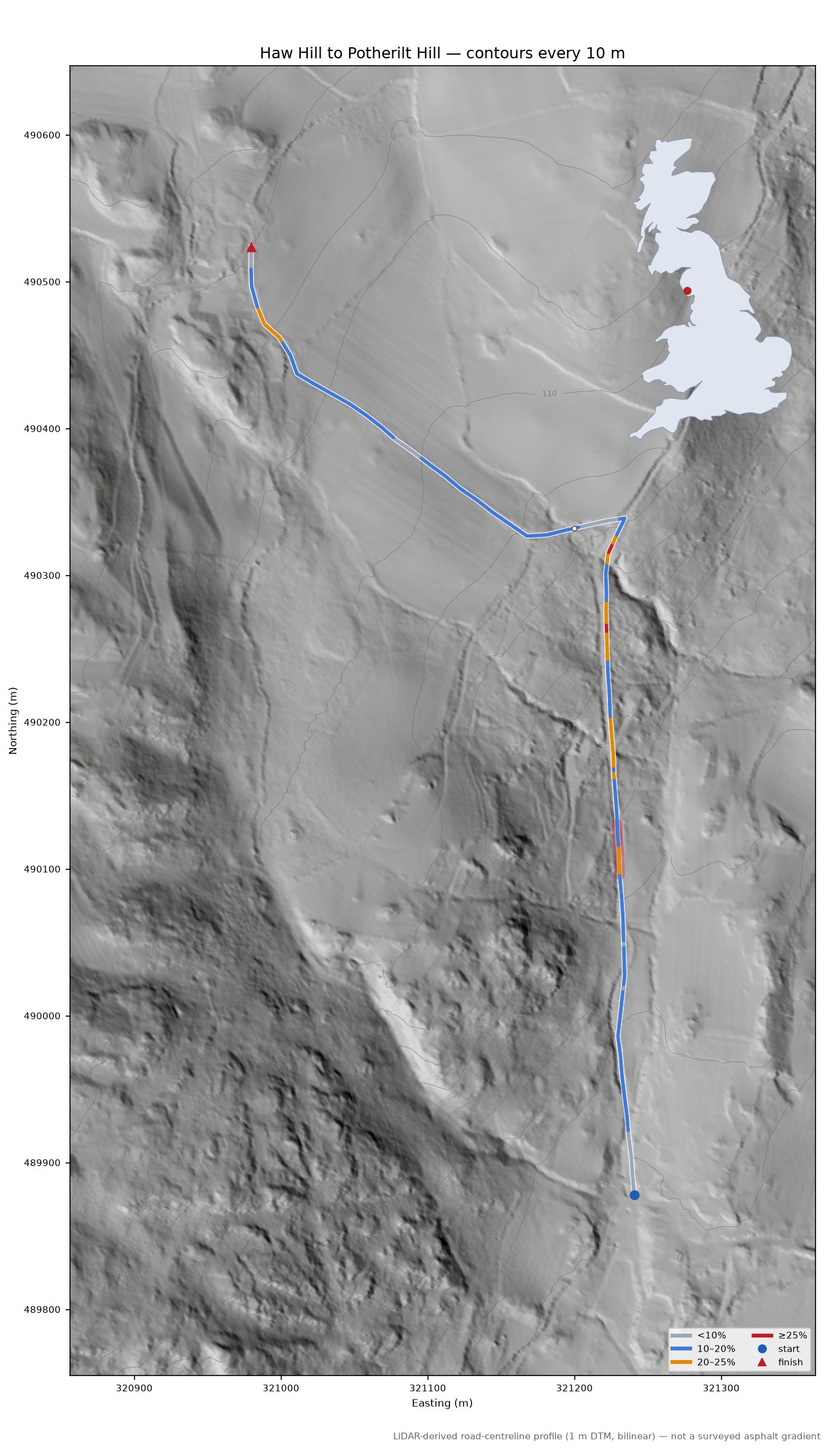 Haw Hill to Potherilt Hill LiDAR hillshade map with contours