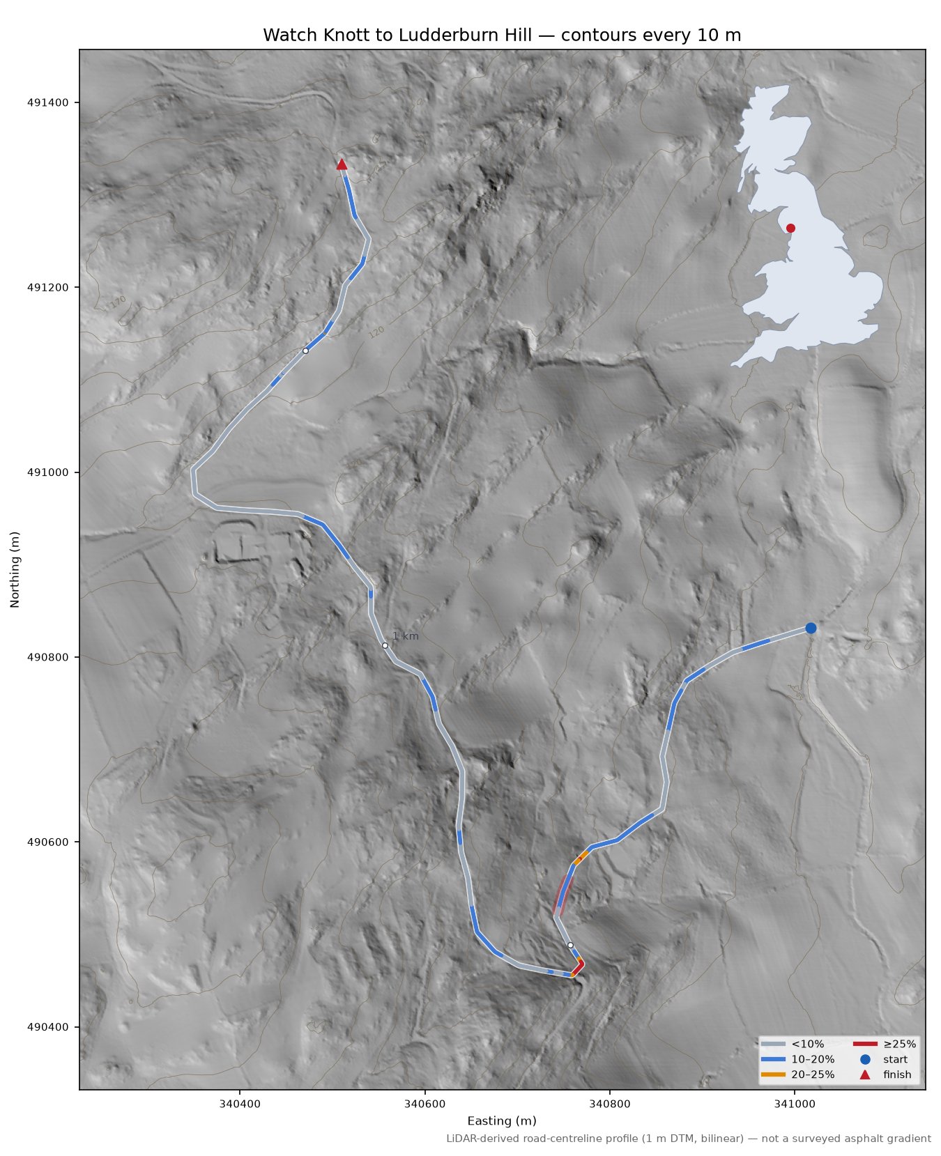 Watch Knott to Ludderburn Hill LiDAR hillshade map with contours