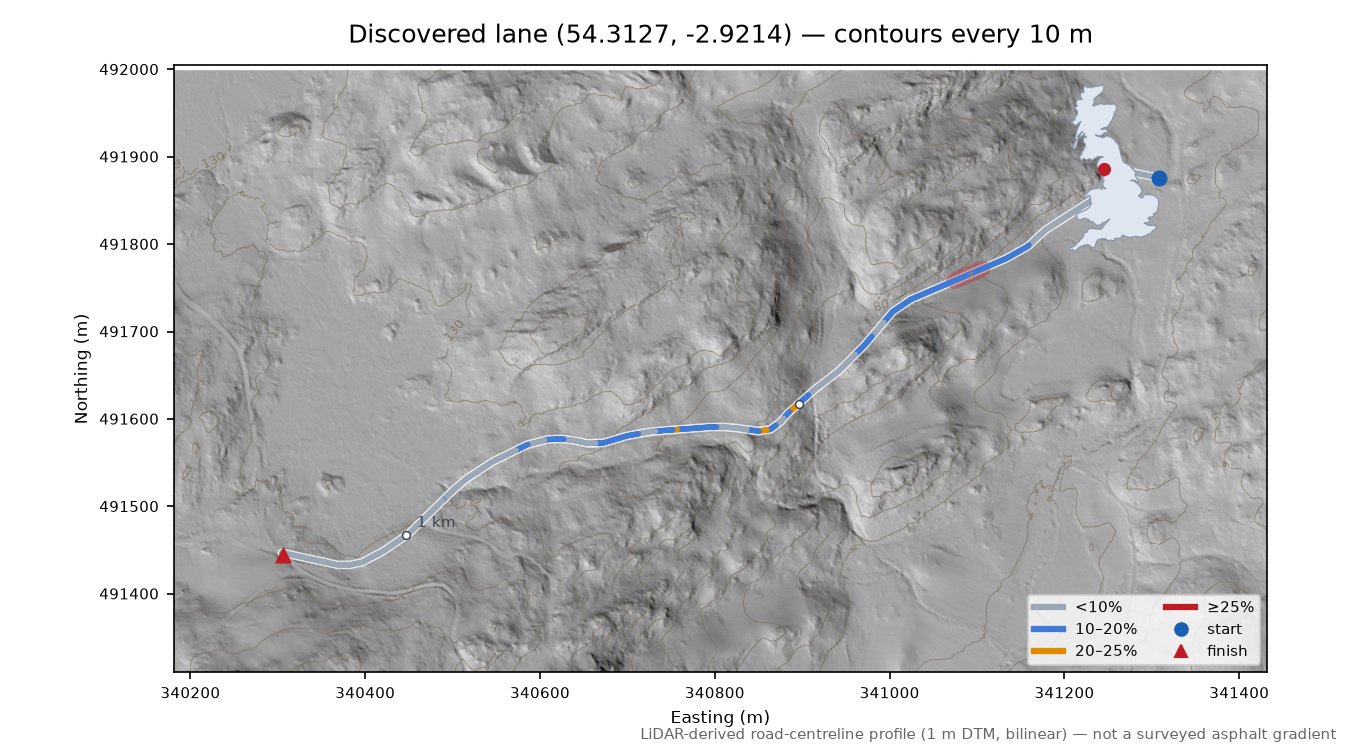 Discovered lane (54.3127, -2.9214) LiDAR hillshade map with contours