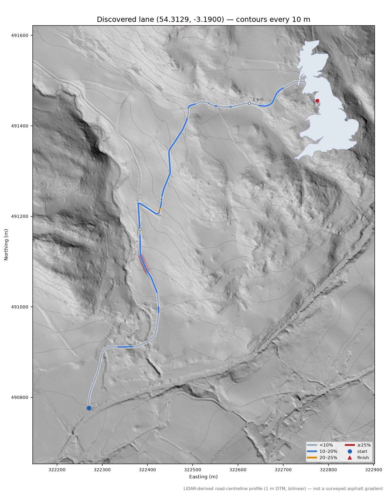Discovered lane (54.3129, -3.1900) LiDAR hillshade map with contours