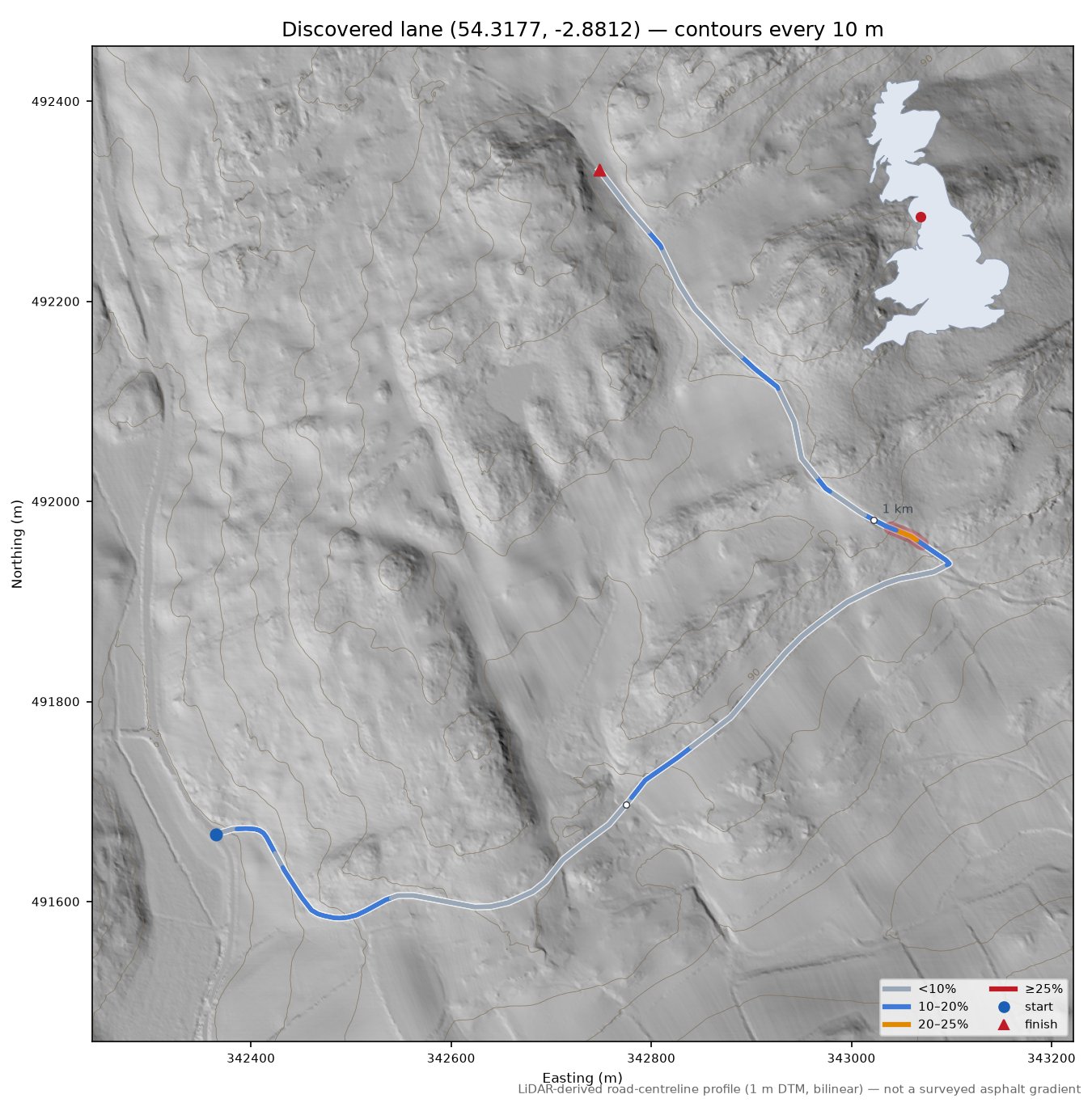 Discovered lane (54.3177, -2.8812) LiDAR hillshade map with contours