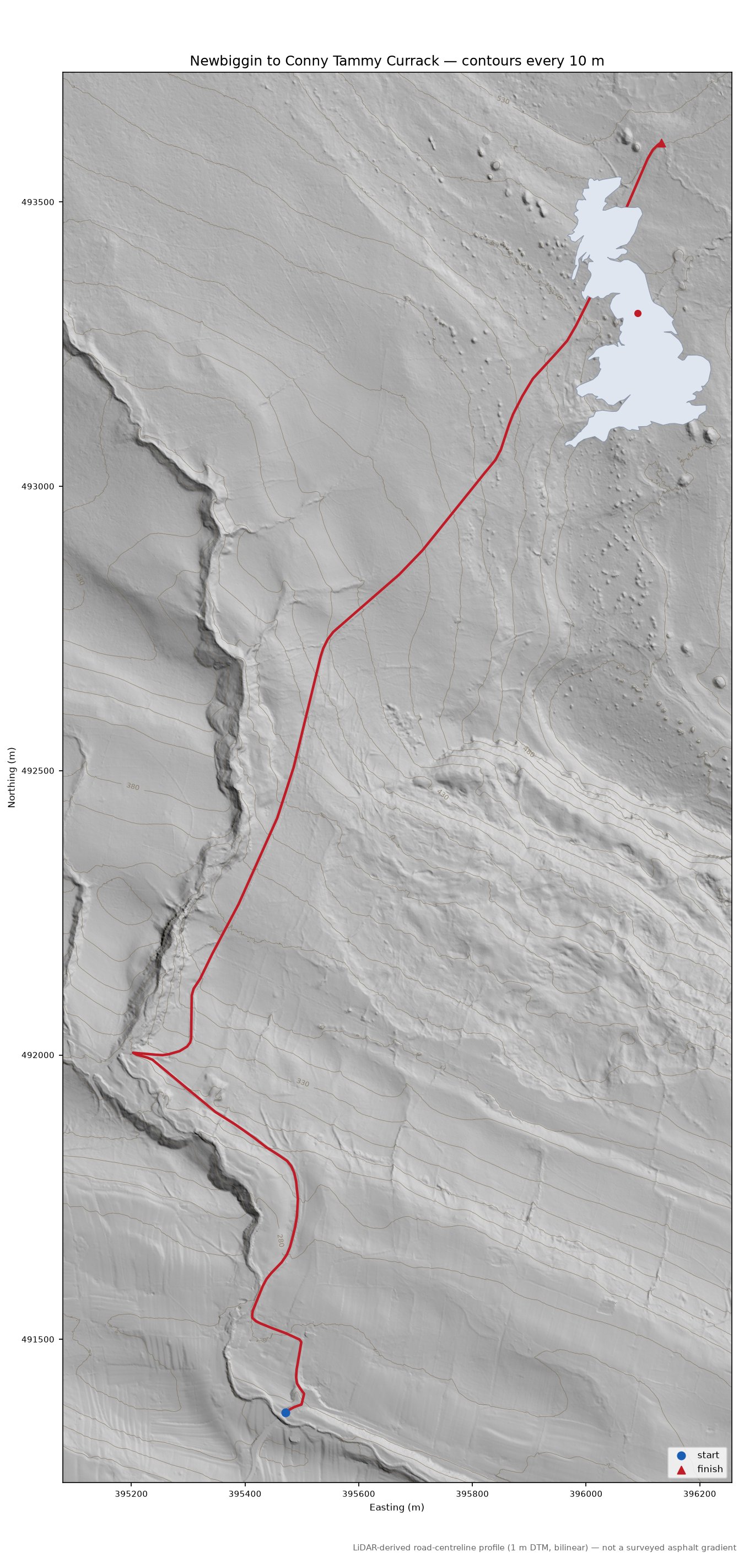 Newbiggin to Conny Tammy Currack LiDAR hillshade map with contours