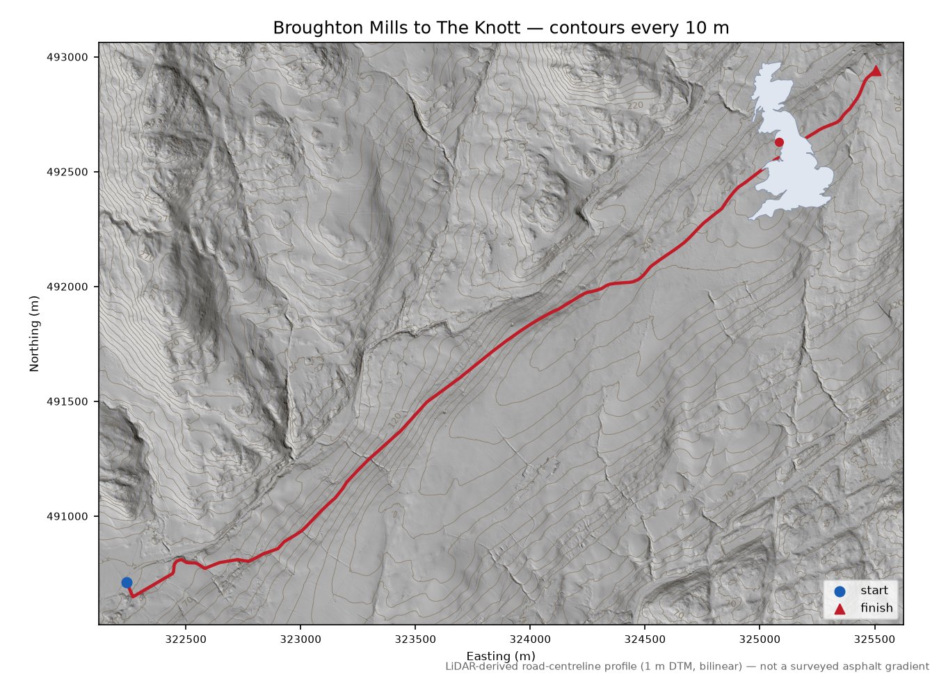 Broughton Mills to The Knott LiDAR hillshade map with contours